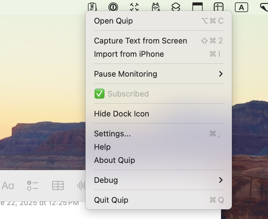 Quip menu bar context menu