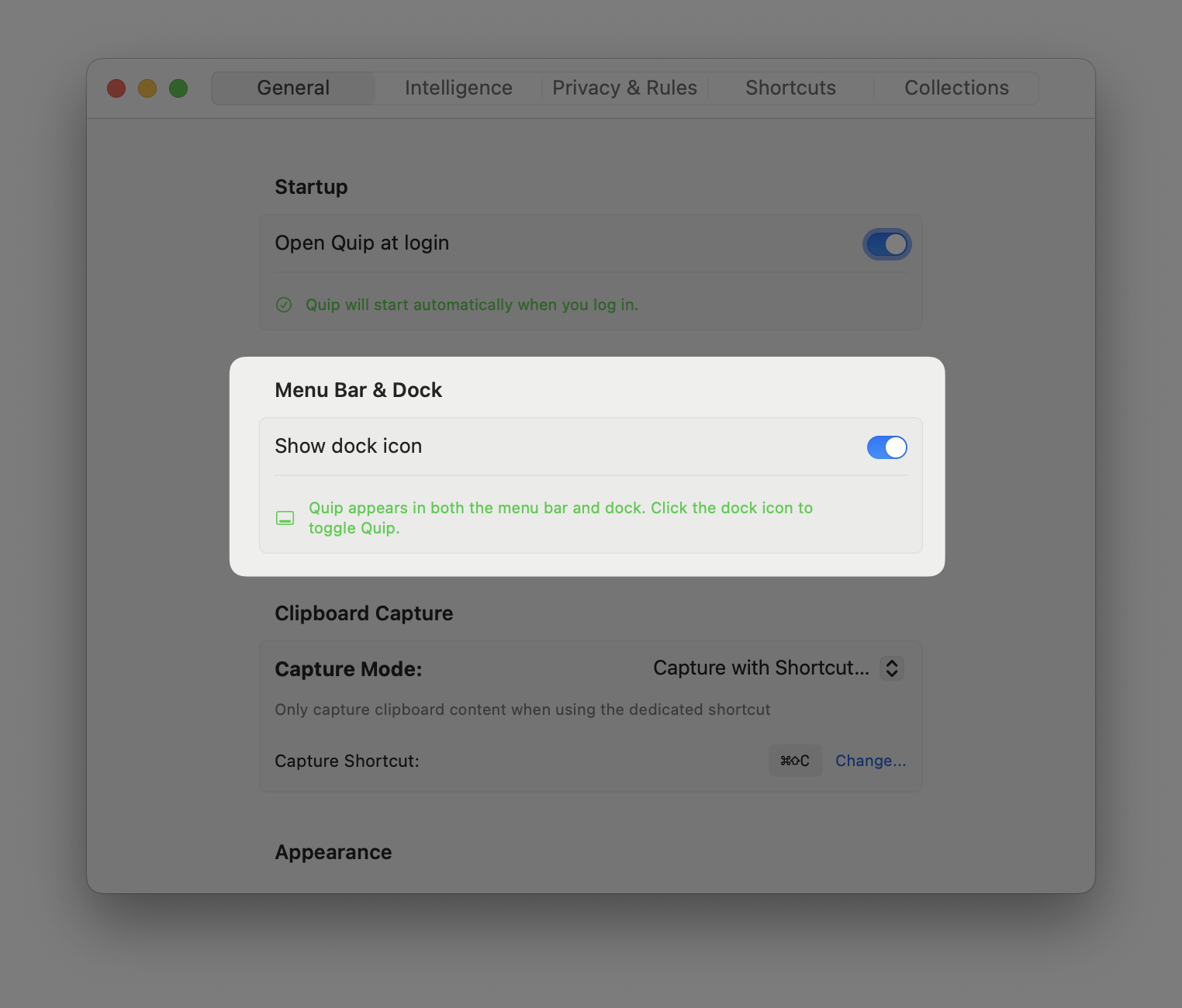 Show dock icon setting in Quip for macOS