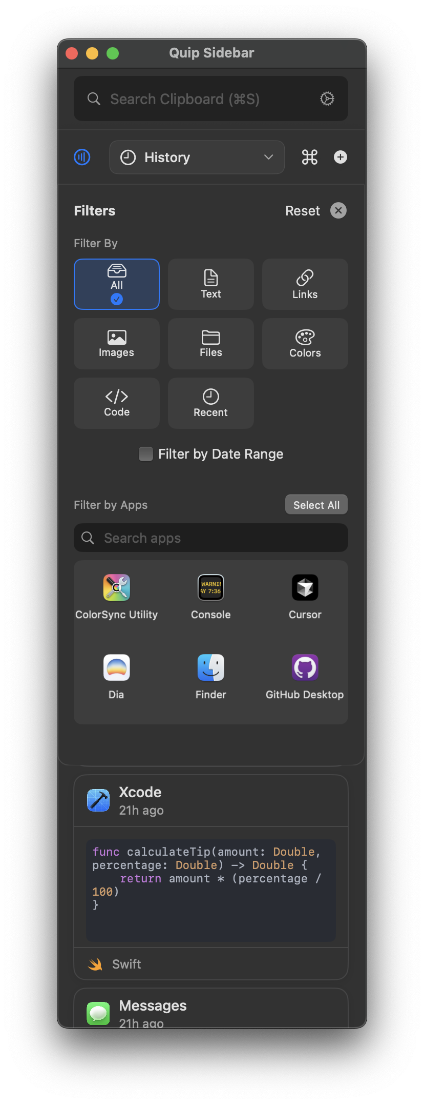 Filtering in Quip for macOS