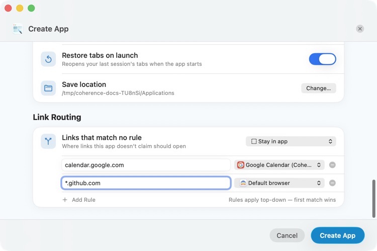 Link Routing section with an example rule