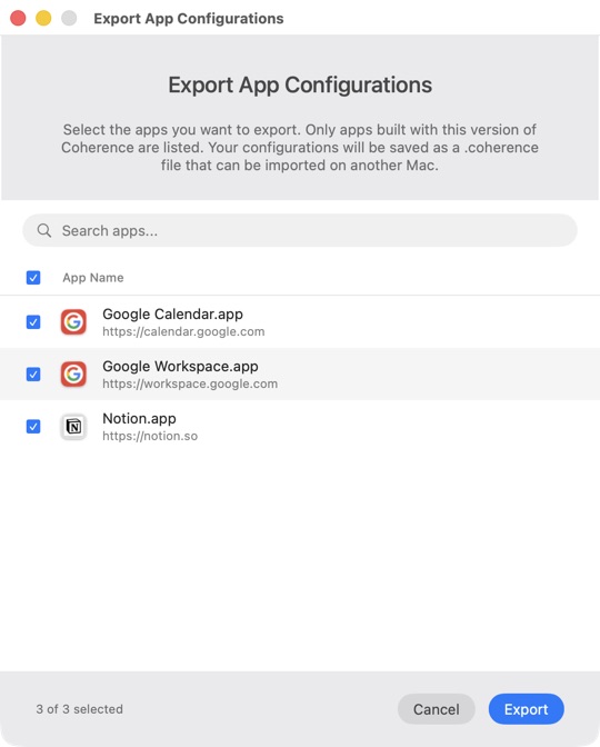 Export App Configurations window