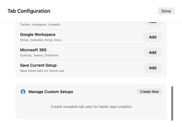 Saved setups and custom setup controls