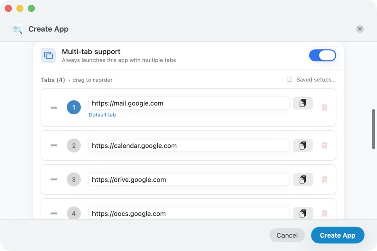 Multi-tab support with several configured tabs