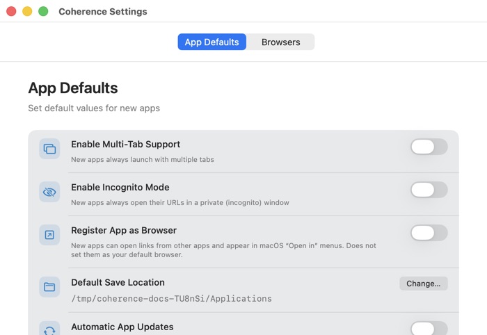 App Defaults settings
