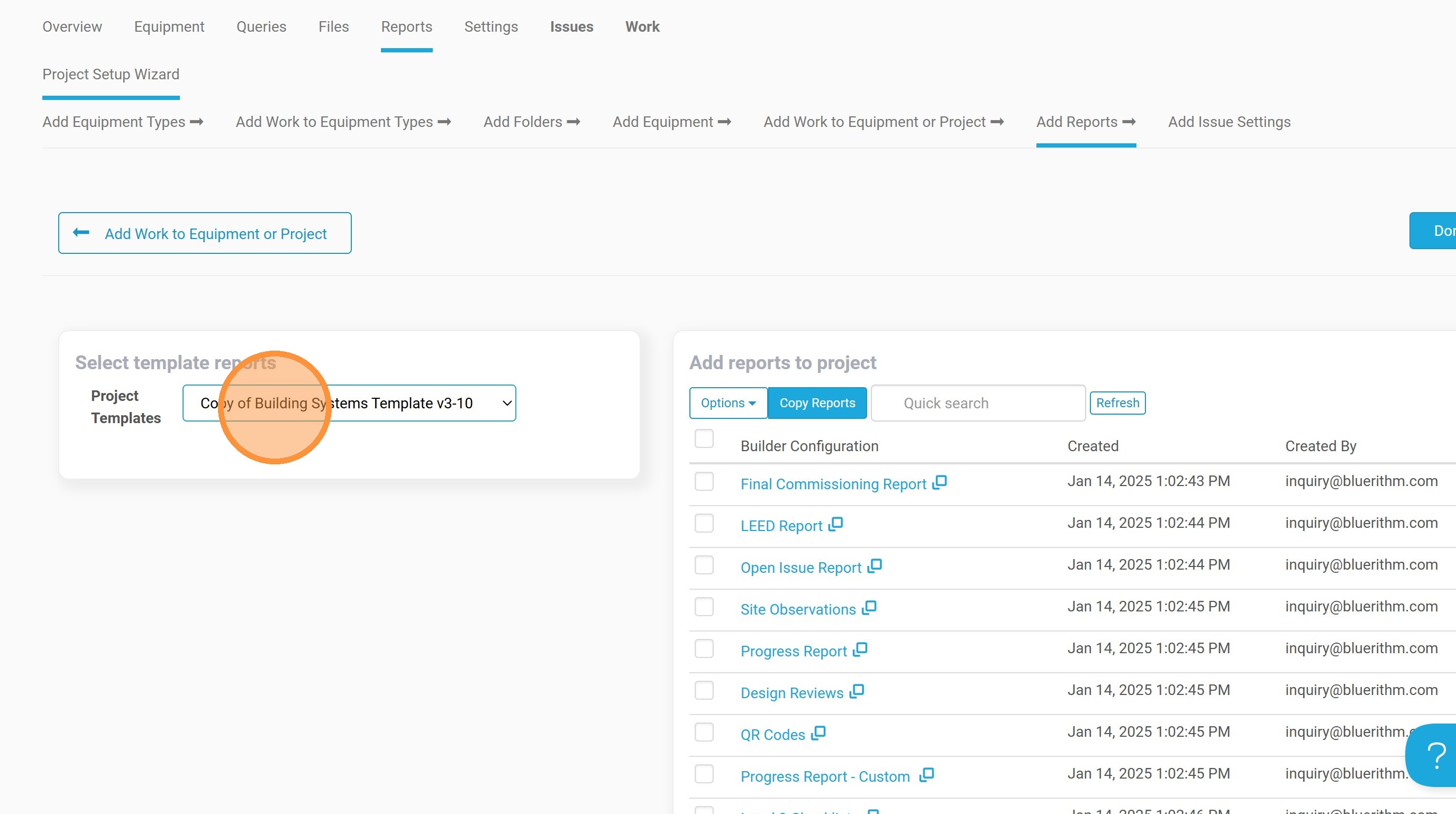 Project Setup Wizard showing the template project dropdown and available reports