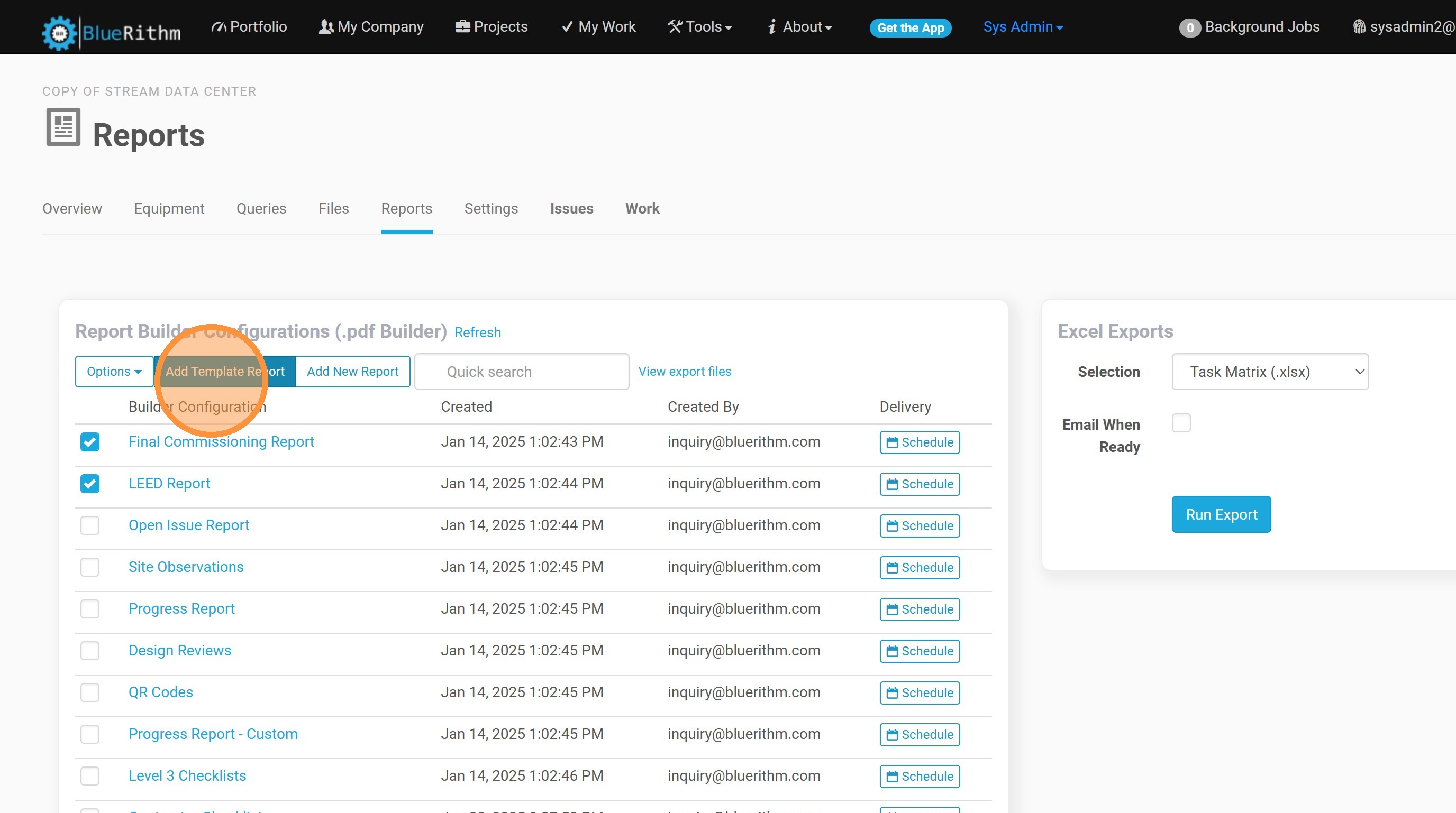 Clicking the Add Template Report button