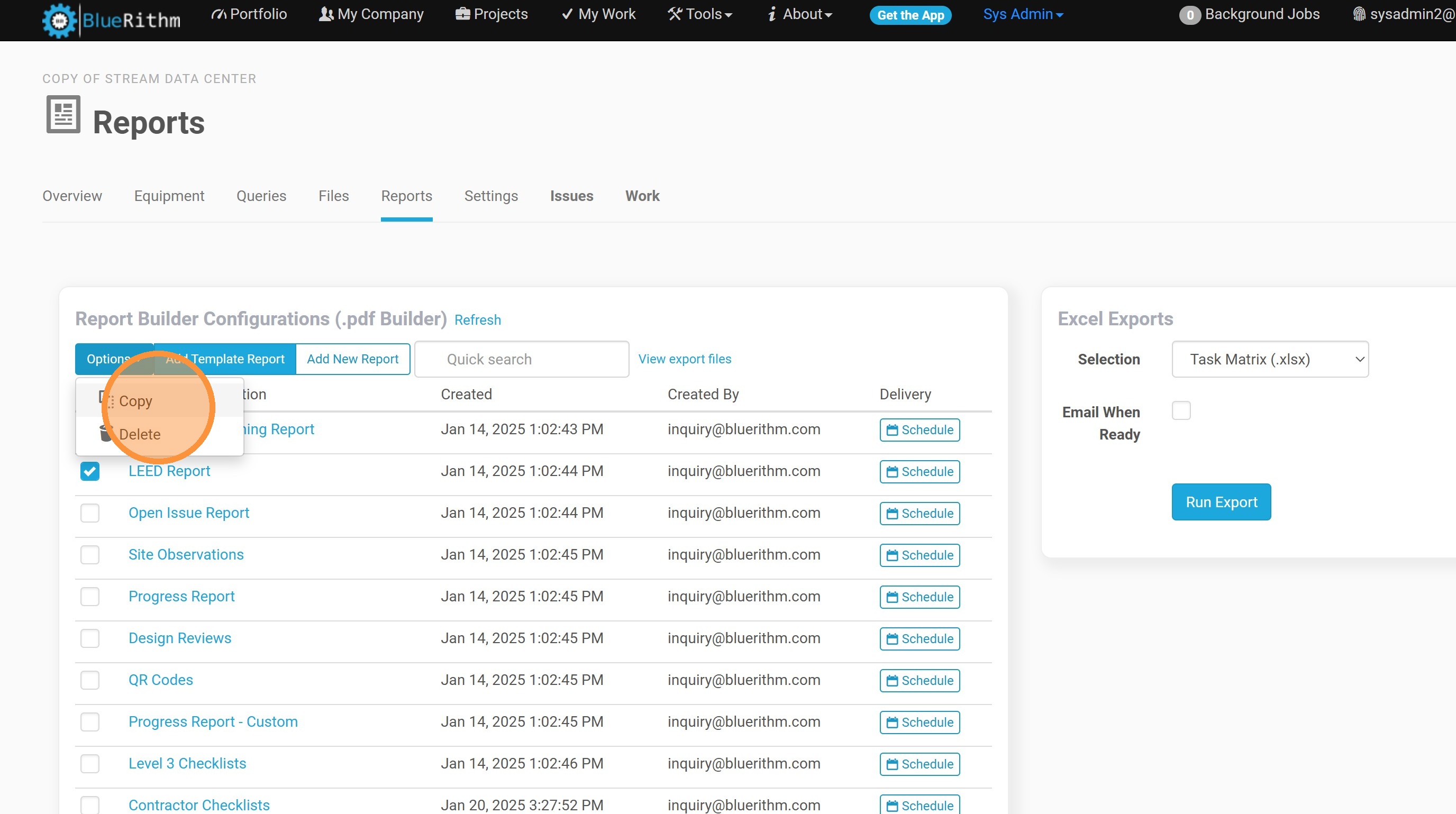Options dropdown showing Copy and Delete options
