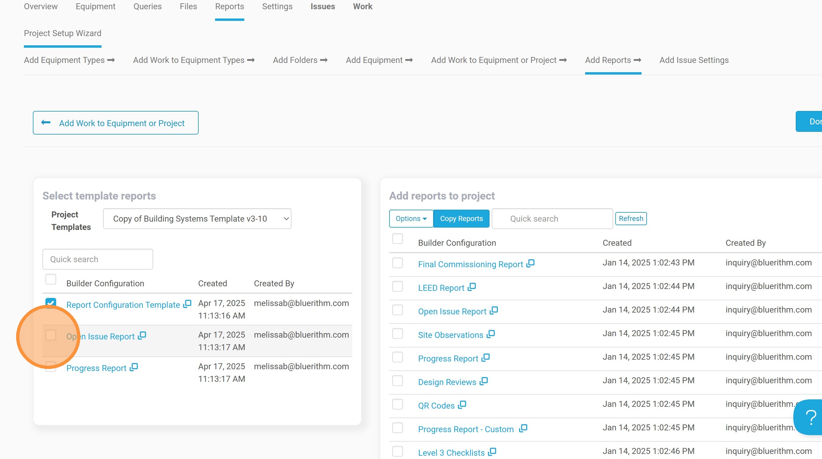Selecting a template report