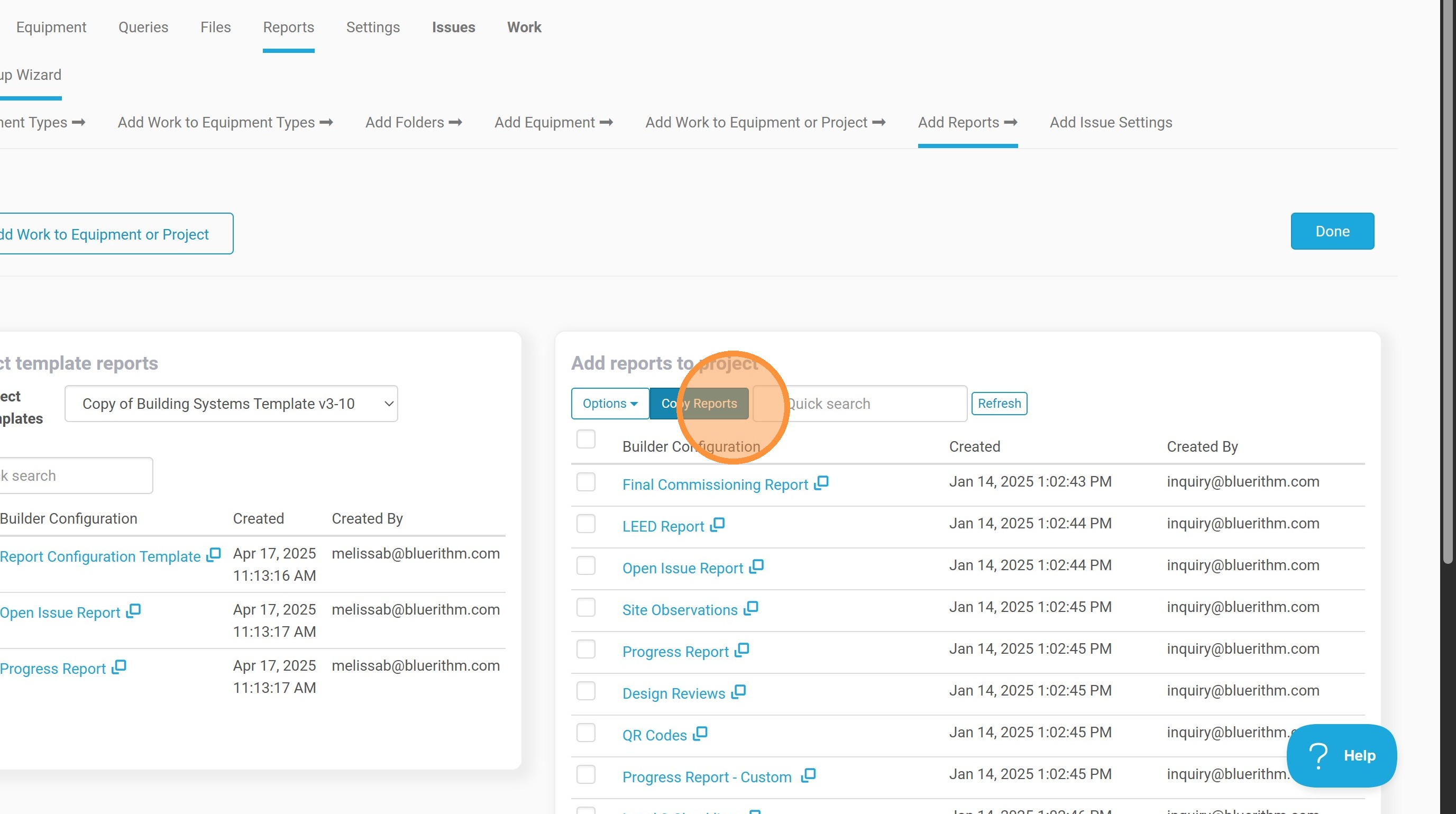 Clicking Copy Reports to add template reports to the project