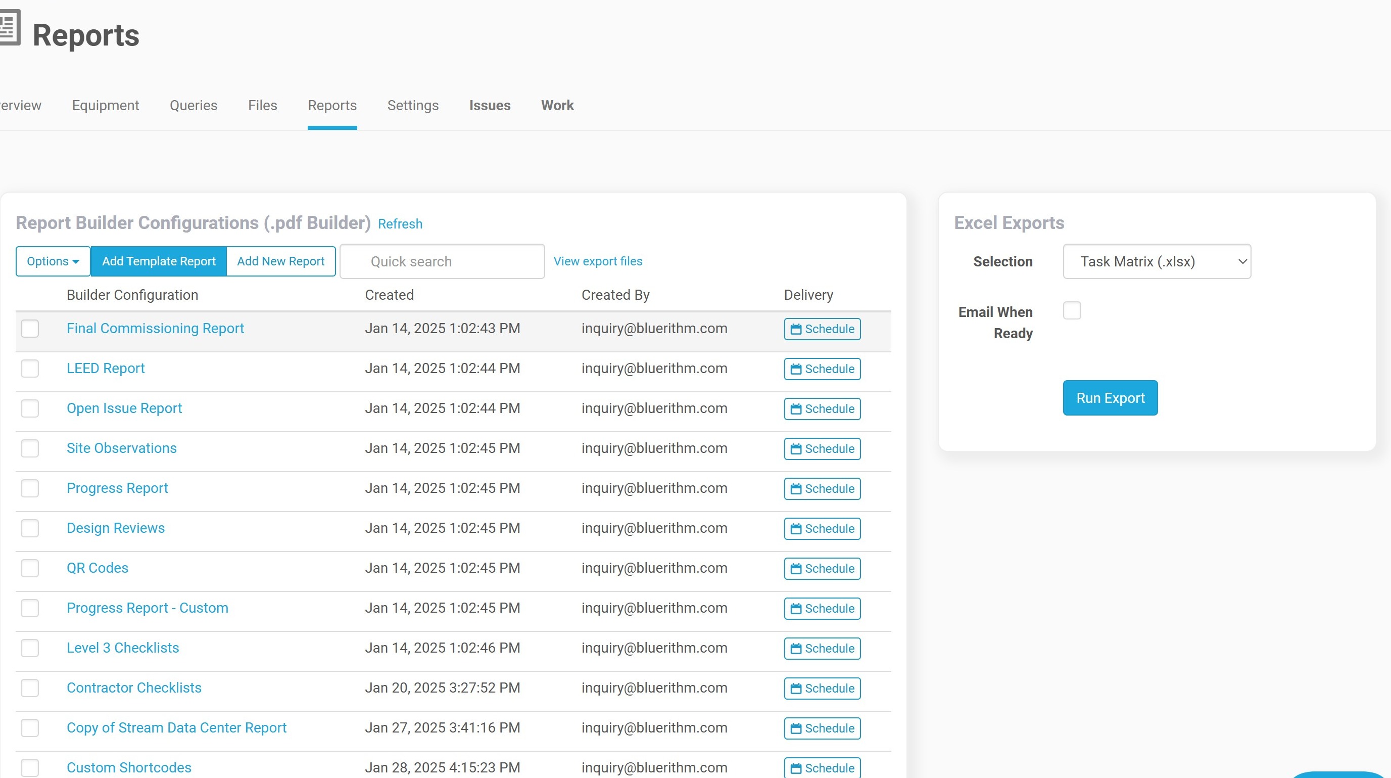 Reports page showing the list of report builder configurations