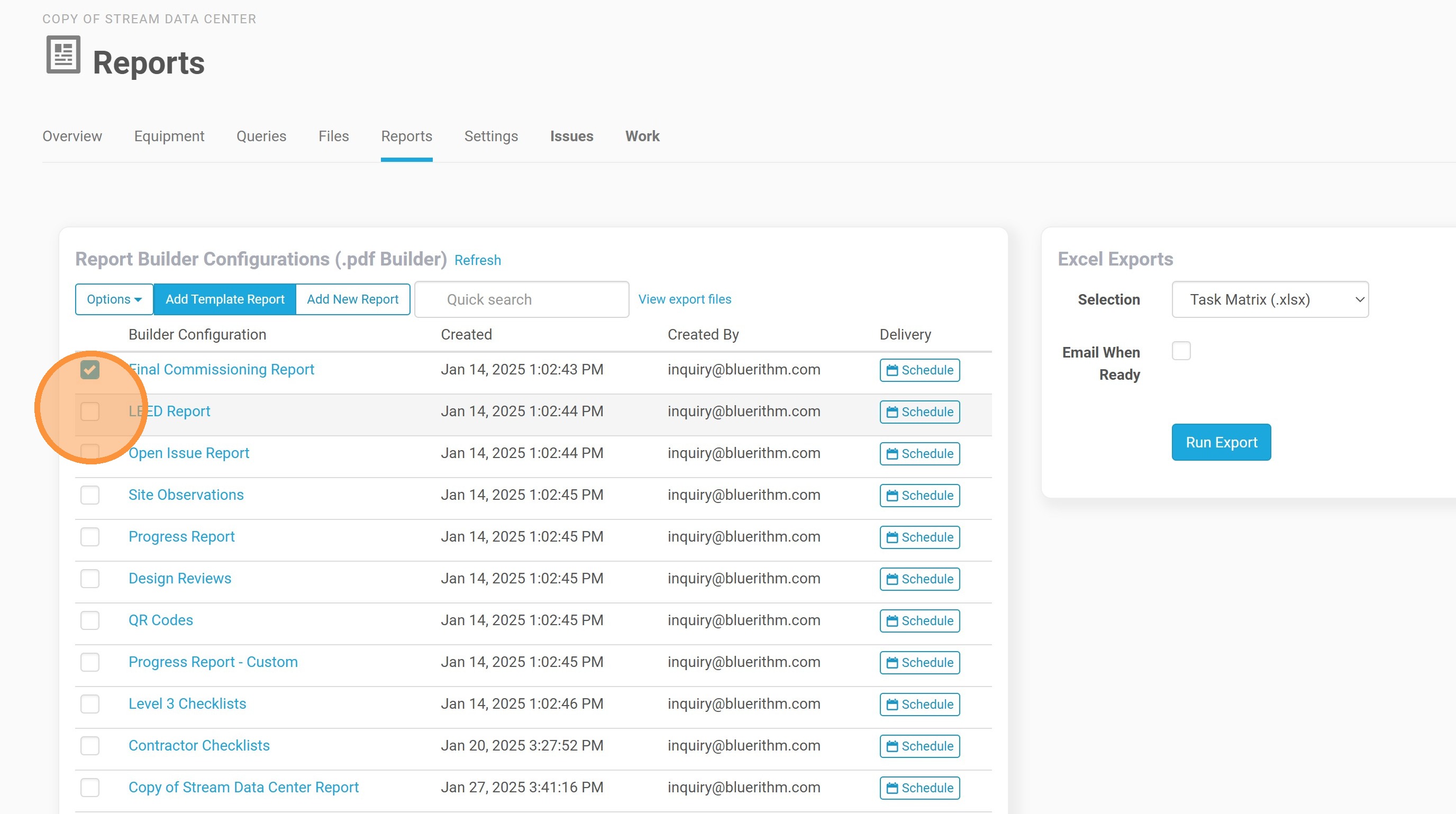 Selecting a report using the checkbox