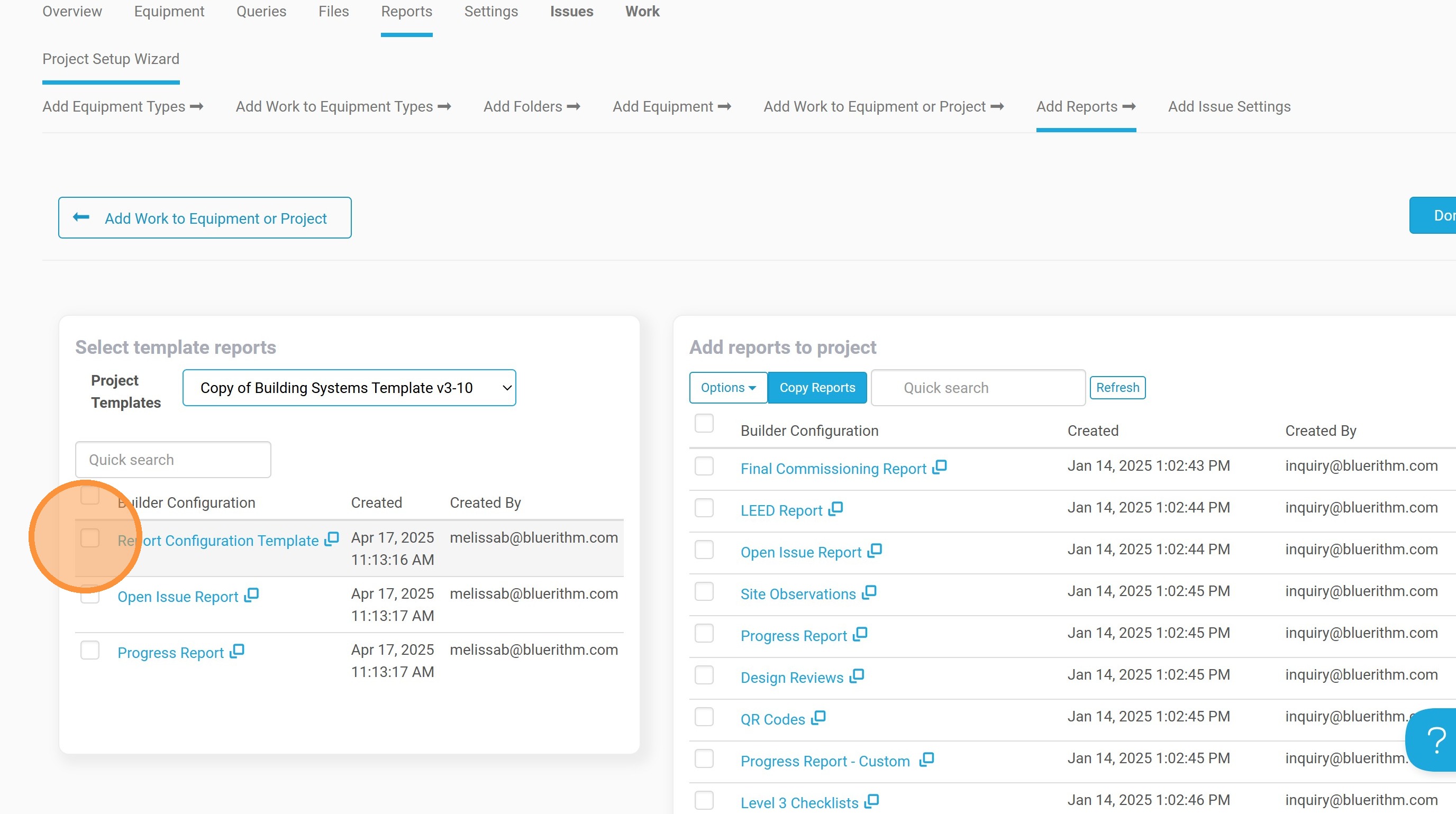 Template reports listed with checkboxes
