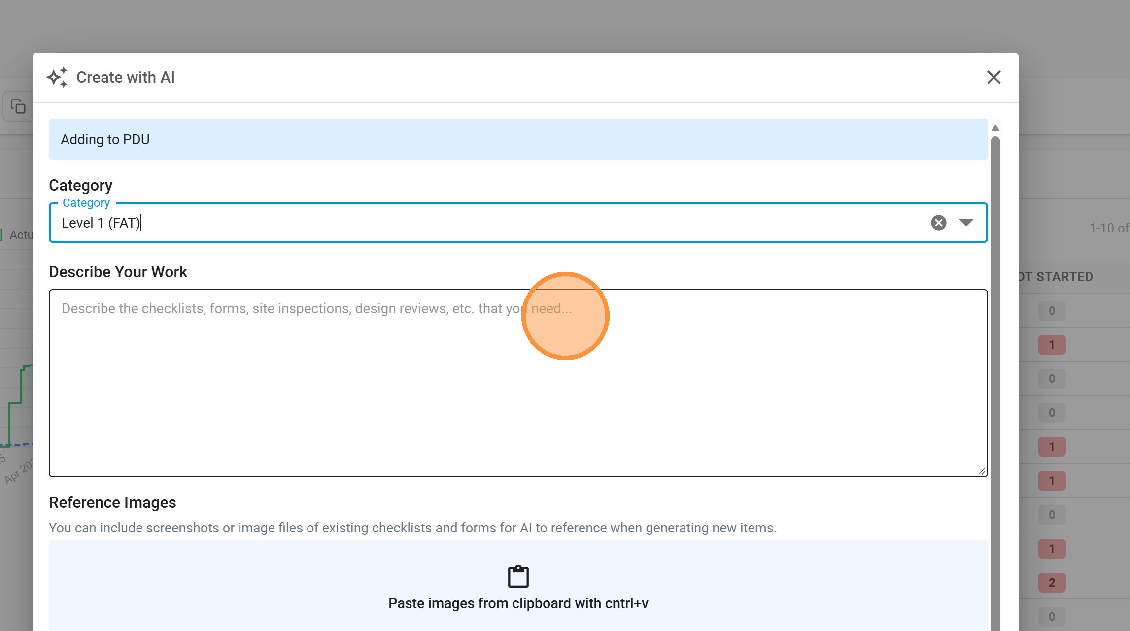 Create with AI dialog with Category set and the Describe Your Work text area