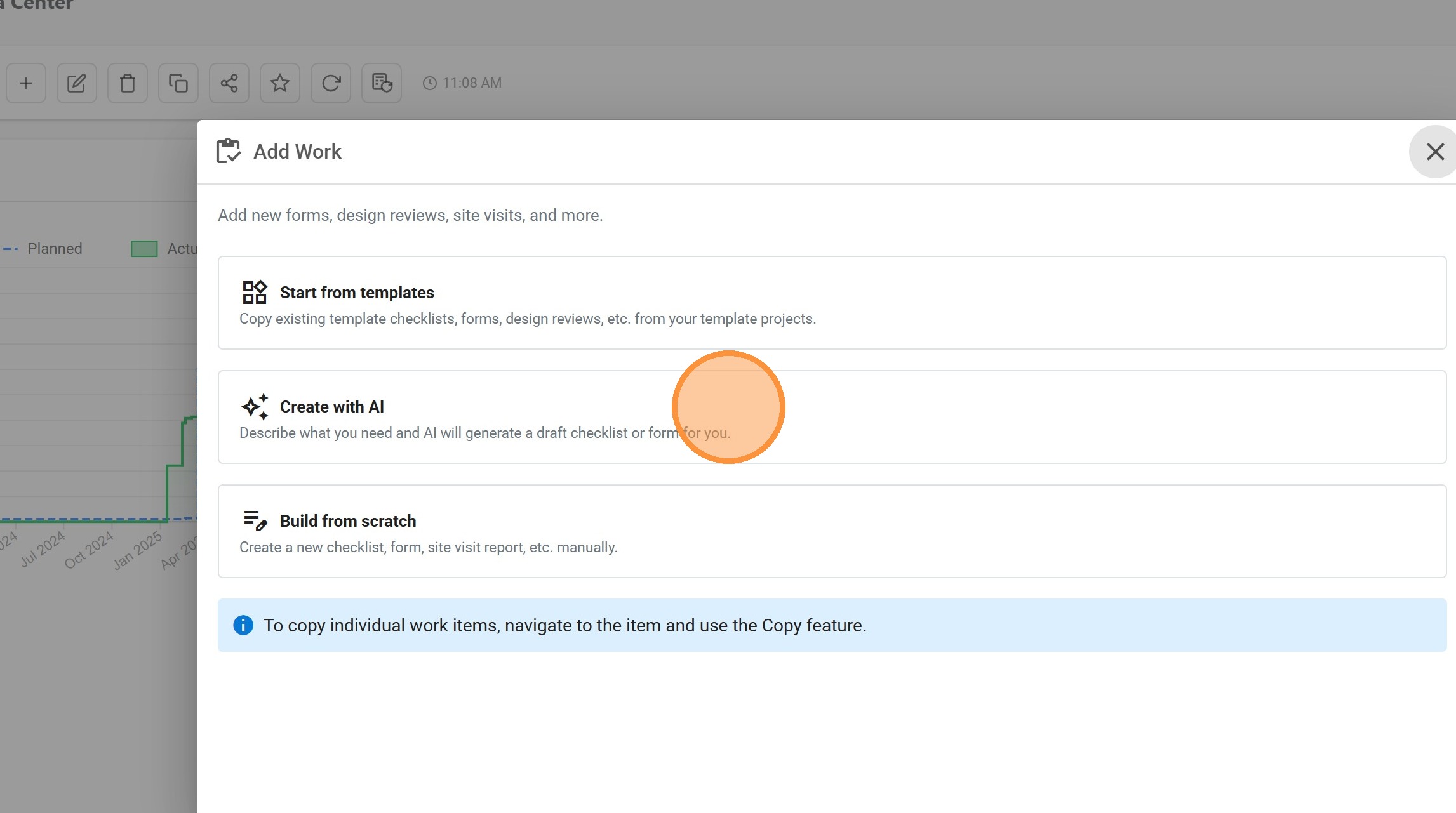Add Work dialog showing Start from templates, Create with AI, and Build from scratch options