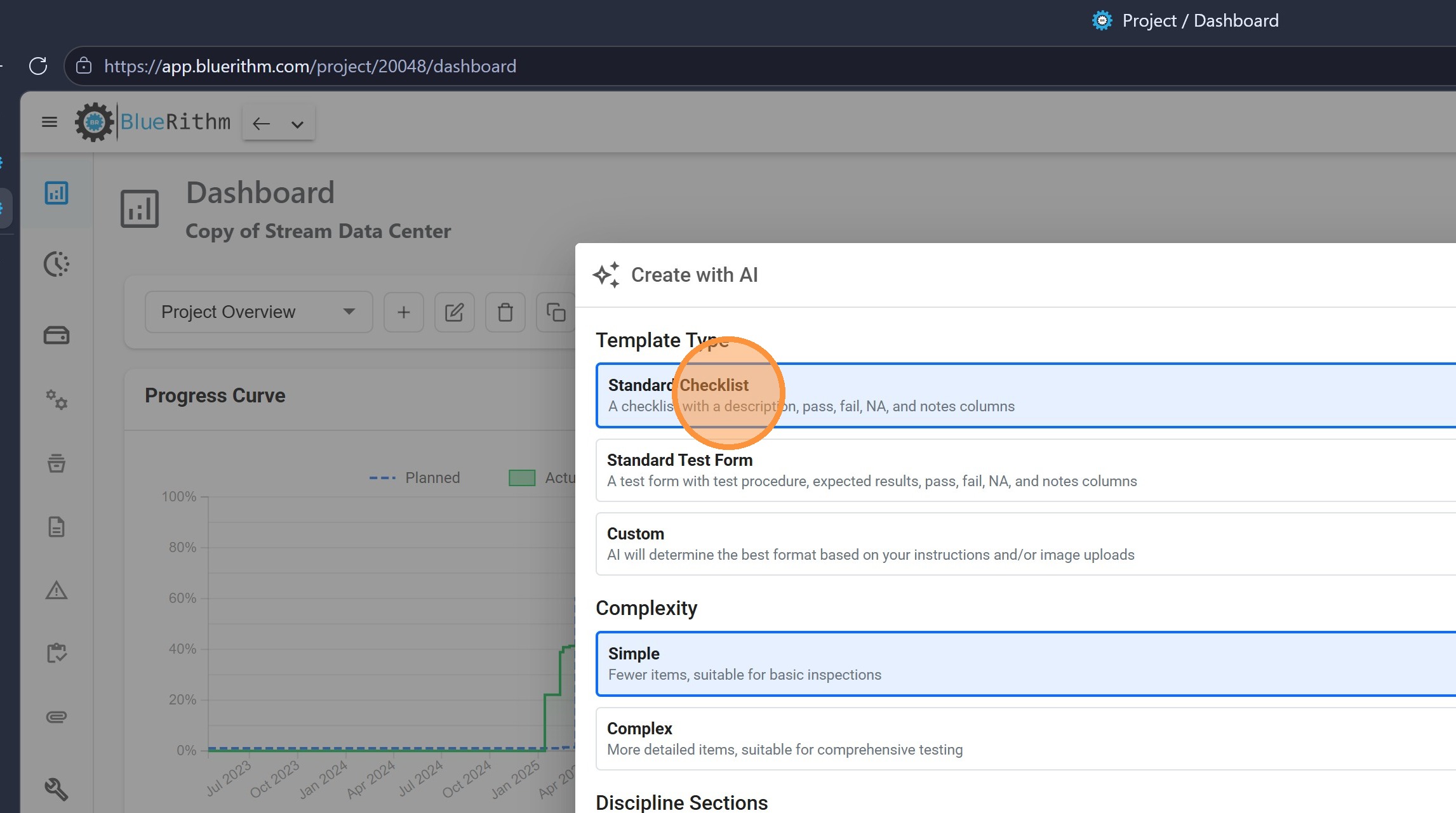 Template Type options Standard Checklist, Standard Test Form, Custom and Complexity options Simple, Complex