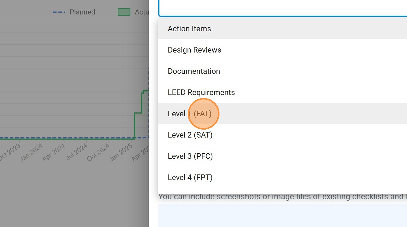 Category dropdown showing commissioning phases including Level 1 (FAT), Level 2 (SAT), Level 3 (PFC), Level 4 (FPT)