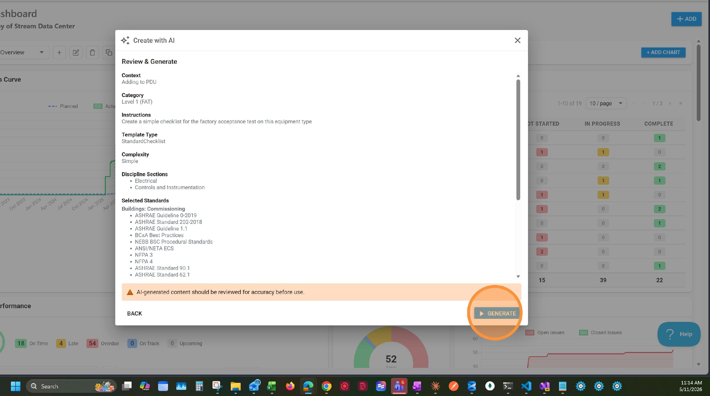 Review and Generate summary screen with all selections displayed and the GENERATE button