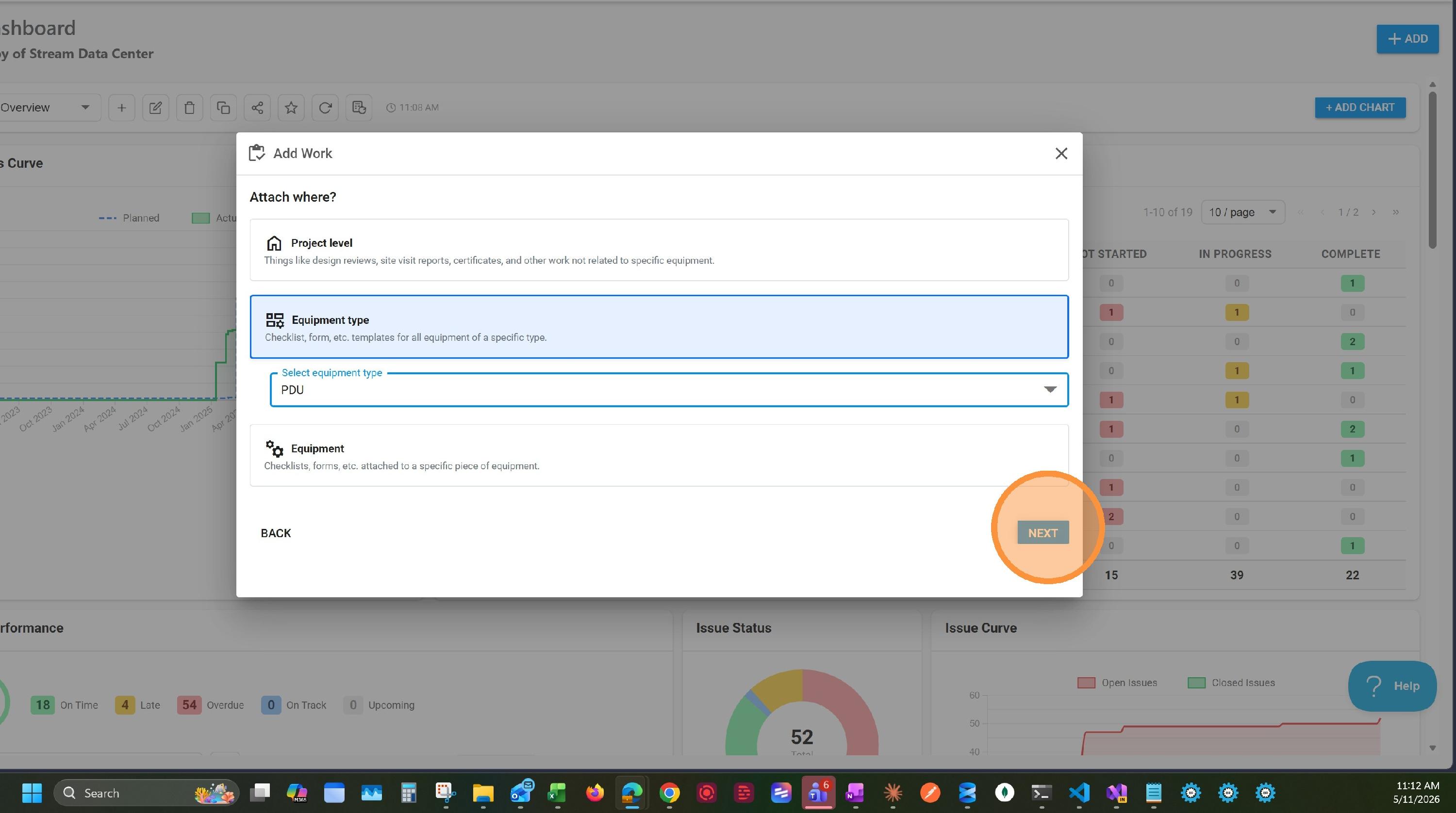 Attach where dialog with Equipment type selected and PDU chosen