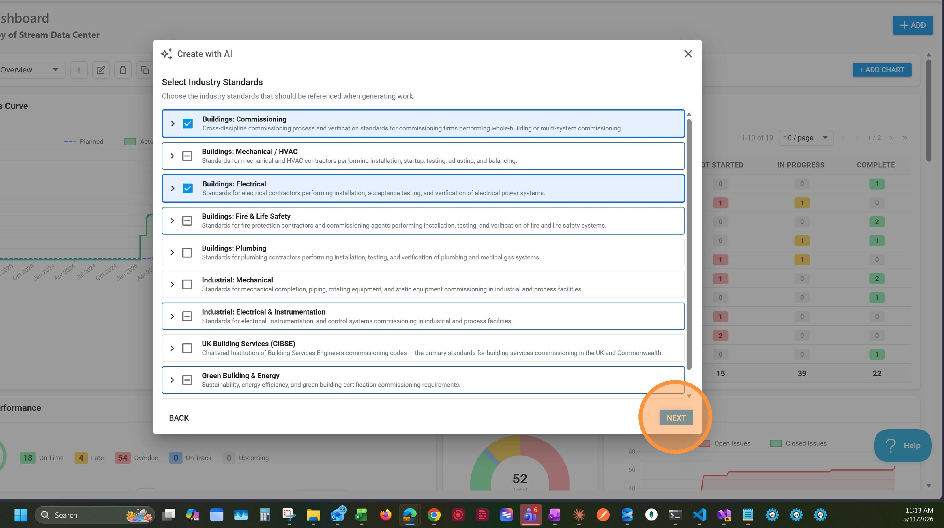 Select Industry Standards screen with Buildings: Commissioning and Buildings: Electrical checked