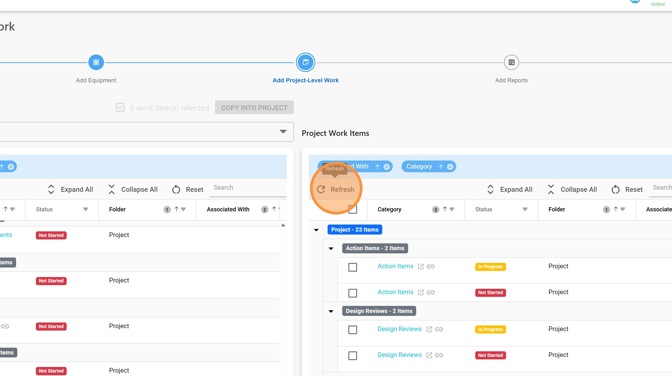 Refreshing the Project Work Items panel after the copy