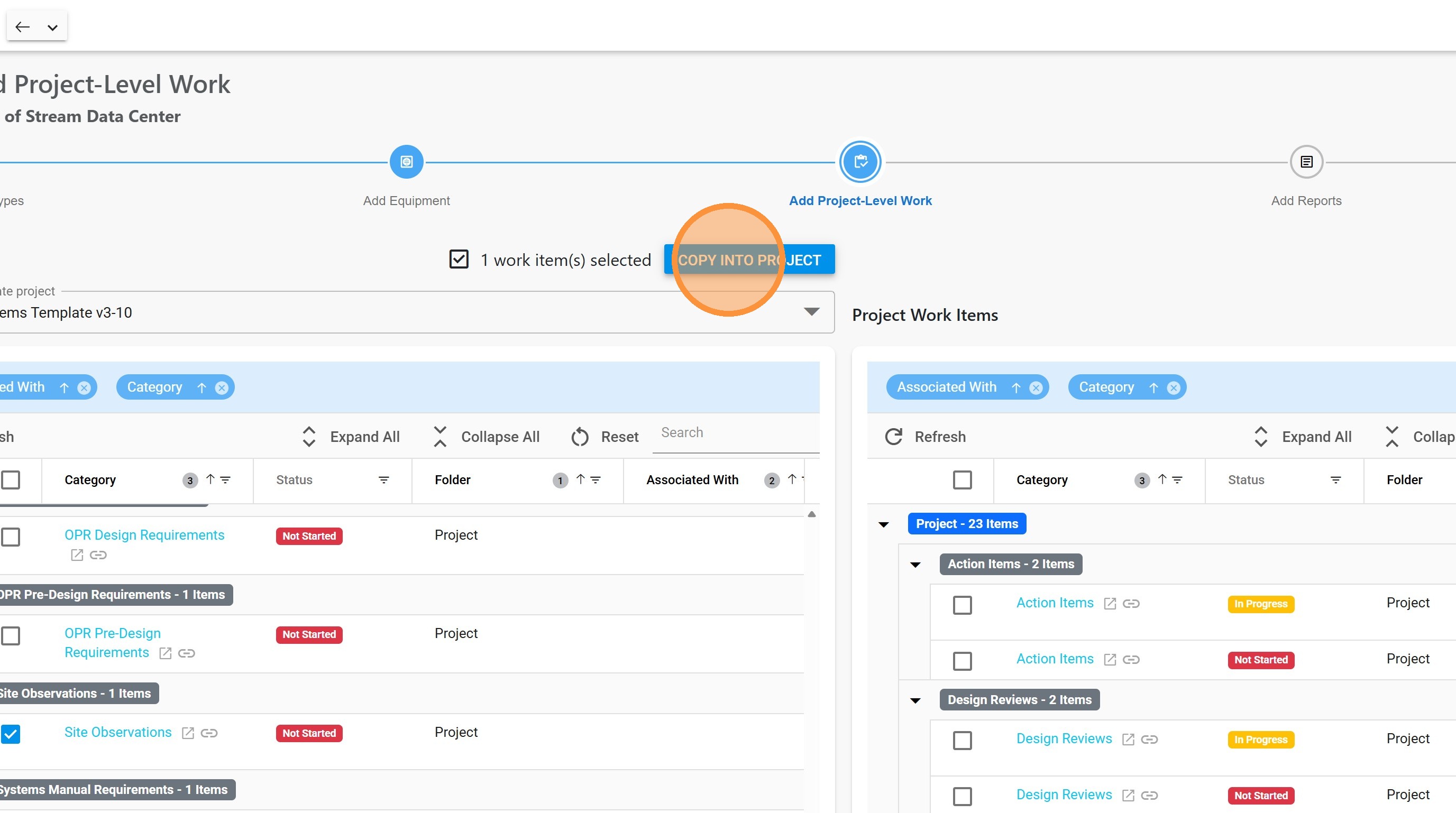 COPY INTO PROJECT button enabled with one item selected