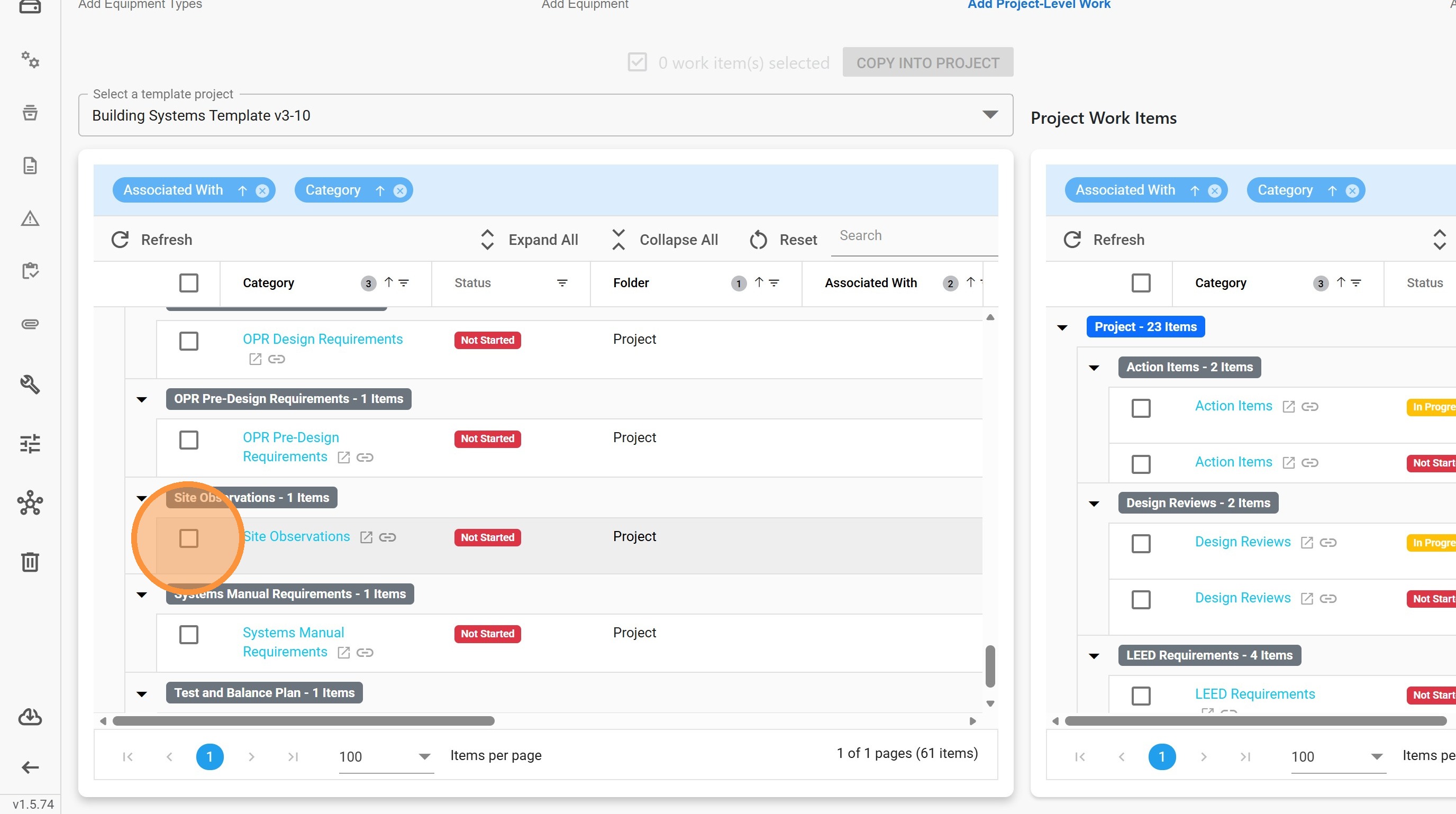 Selecting the Site Observations work item in the template panel