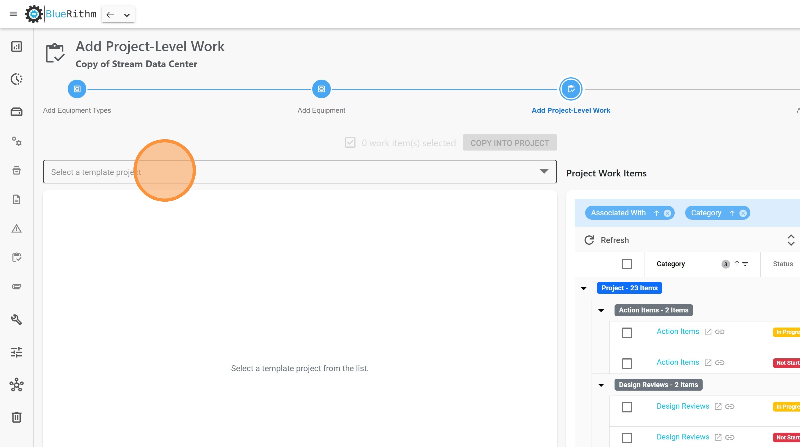 Add Project-Level Work page with the empty template project dropdown