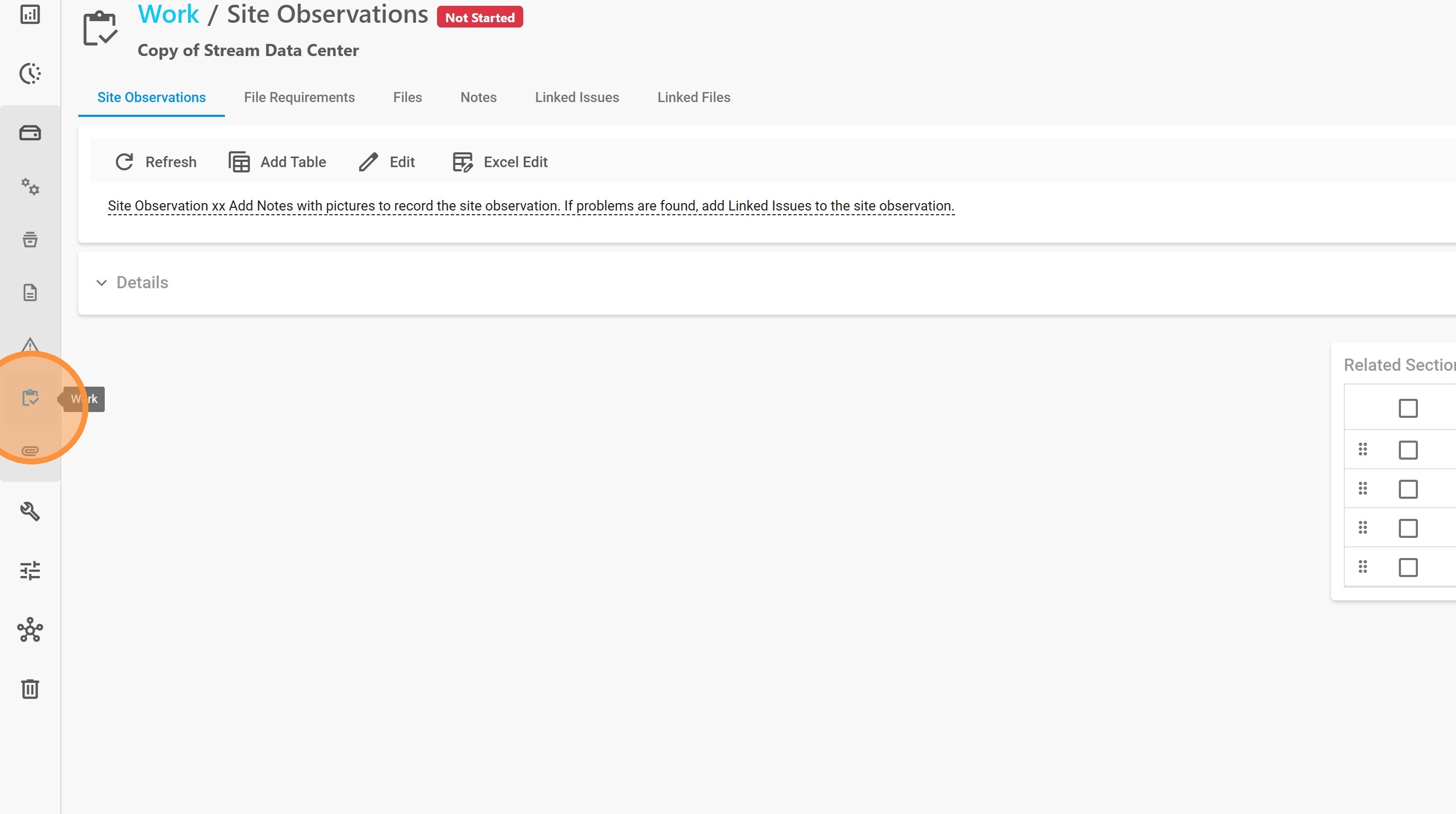Opening the copied Site Observations item from the Work sidebar