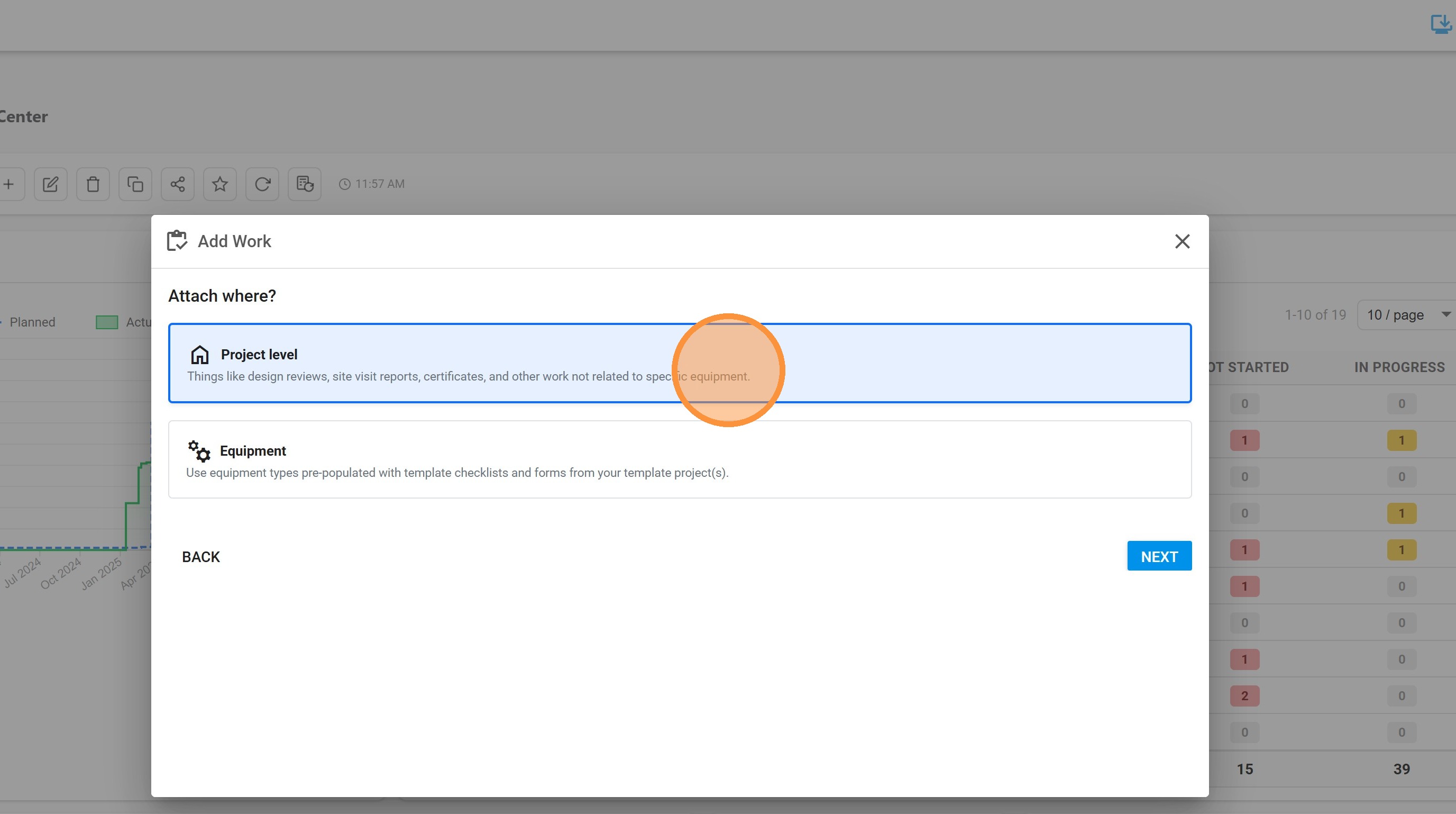 Attach where dialog with Project level selected