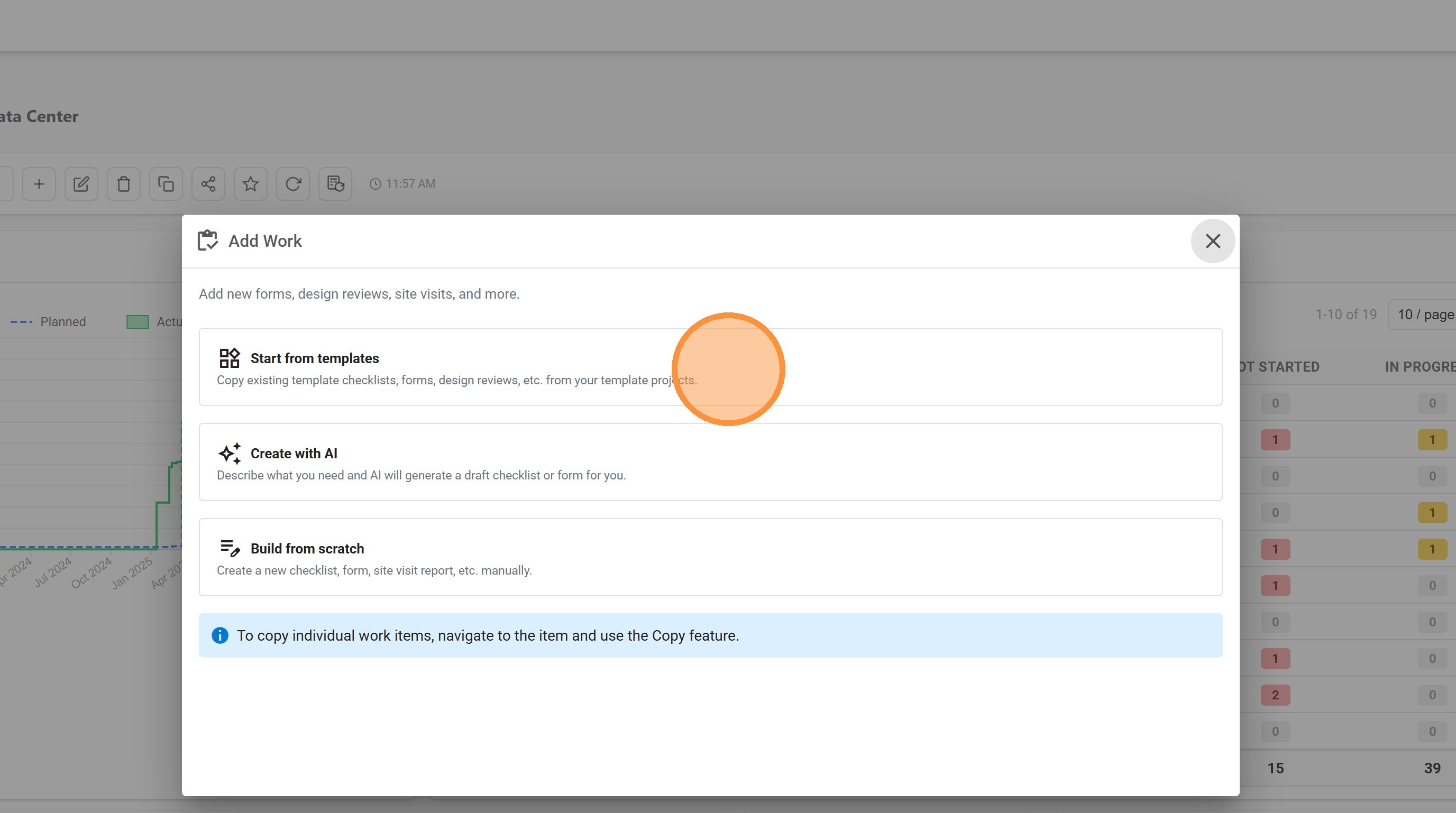 Add Work dialog with Start from templates highlighted
