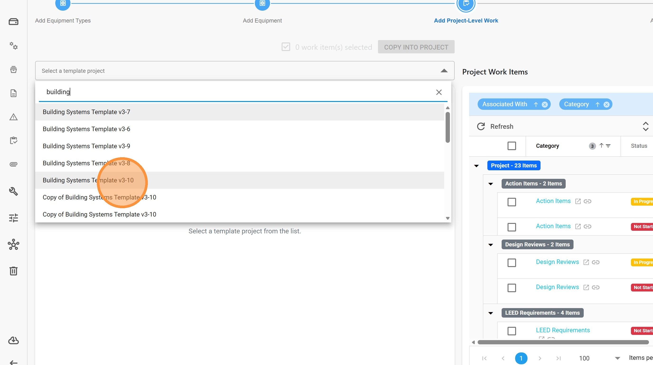Filtering the template list by typing 