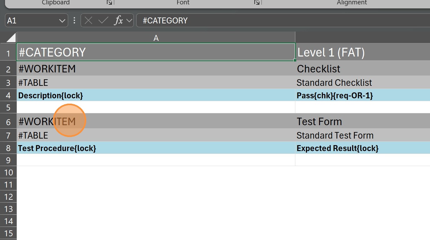 Downloaded Excel template showing the Checklist section in rows 1-5 and the Test Form section in rows 6-9, both empty.