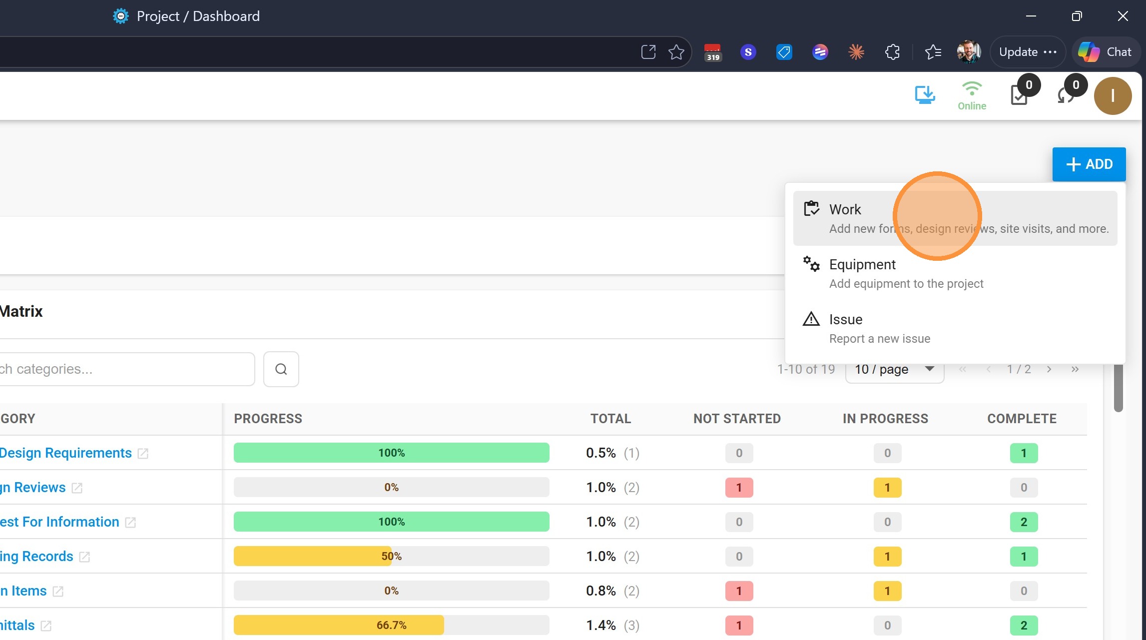 Project dashboard with the +ADD menu expanded and Work highlighted.