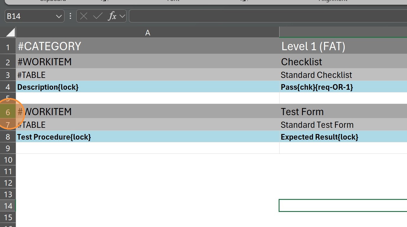 Excel template with rows 6 through 9 (the Test Form section) selected, ready to delete.