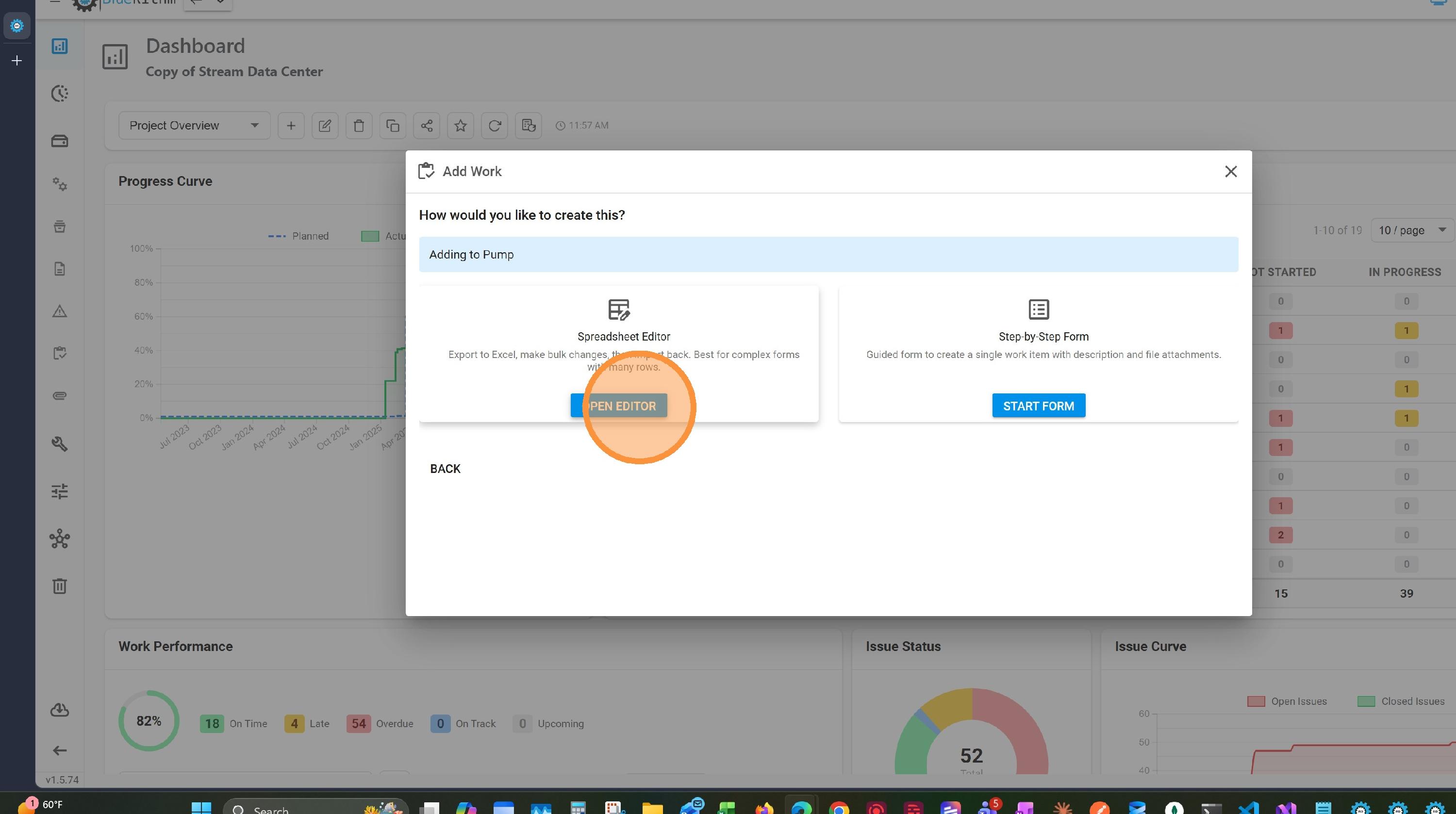 Choose-creation-method screen with the Spreadsheet Editor card and its OPEN EDITOR button highlighted.