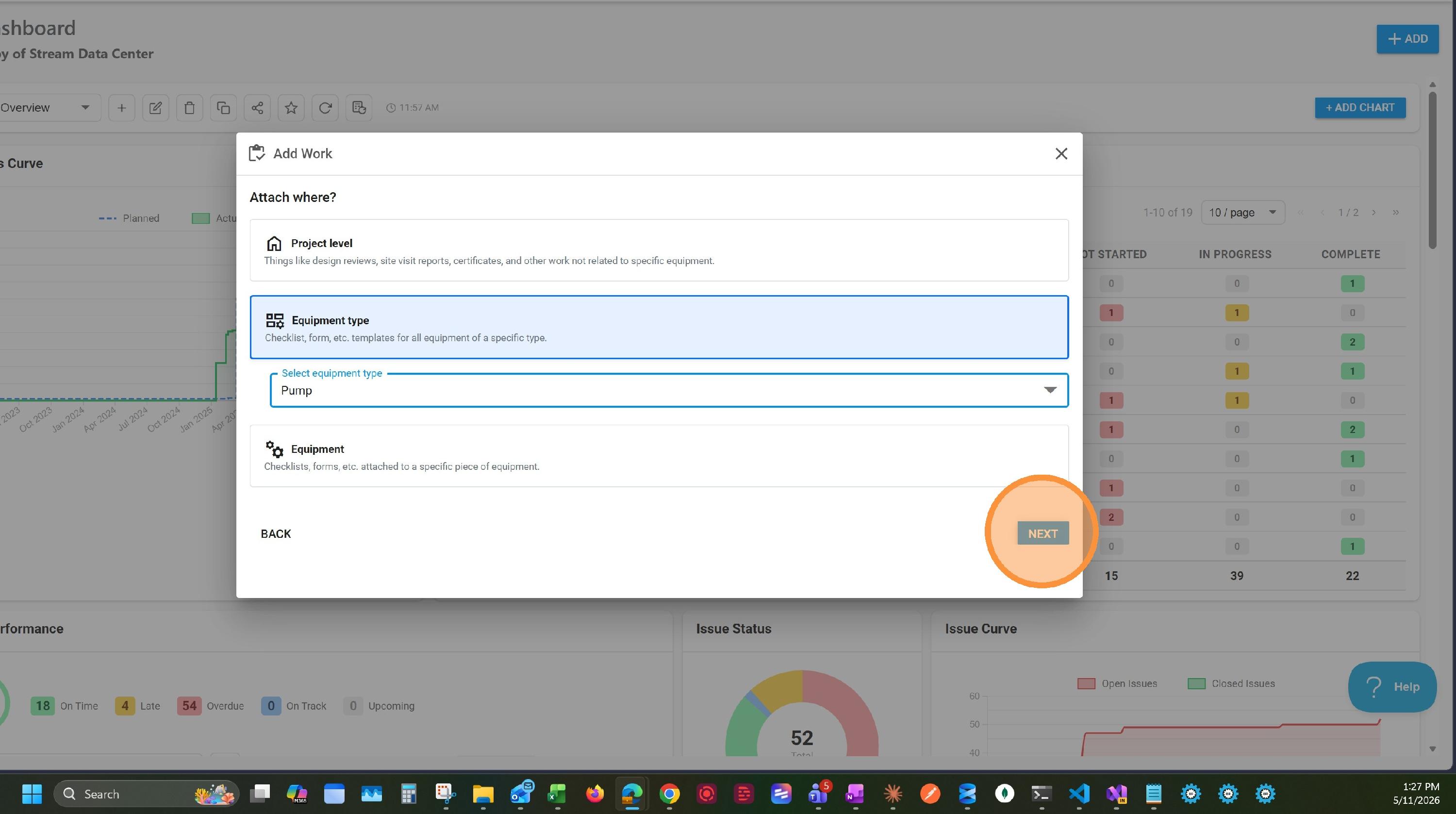 Attach where? screen with Equipment type selected, Pump chosen, and the NEXT button highlighted.
