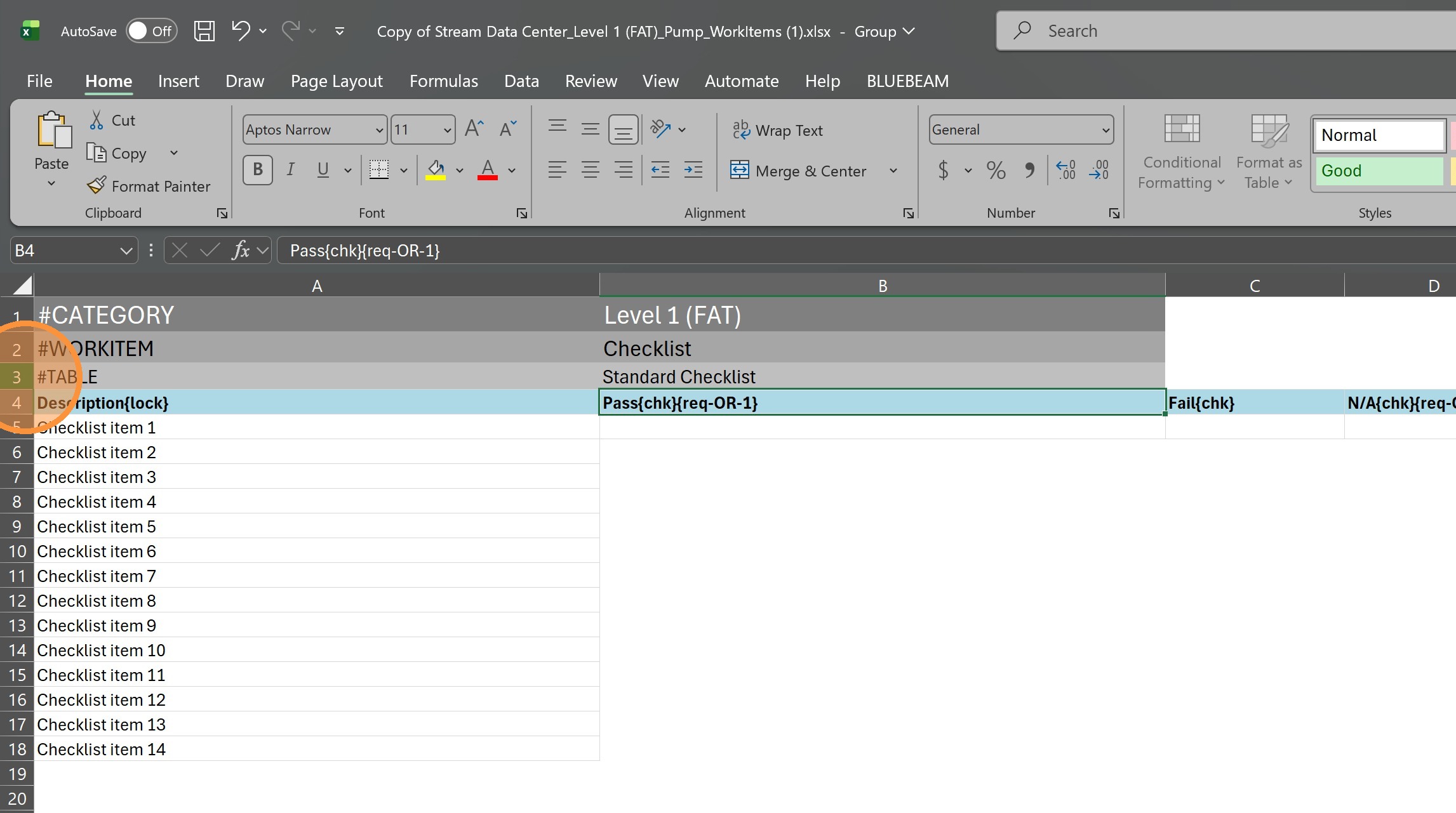 Excel template with 14 checklist items typed into the Description column.