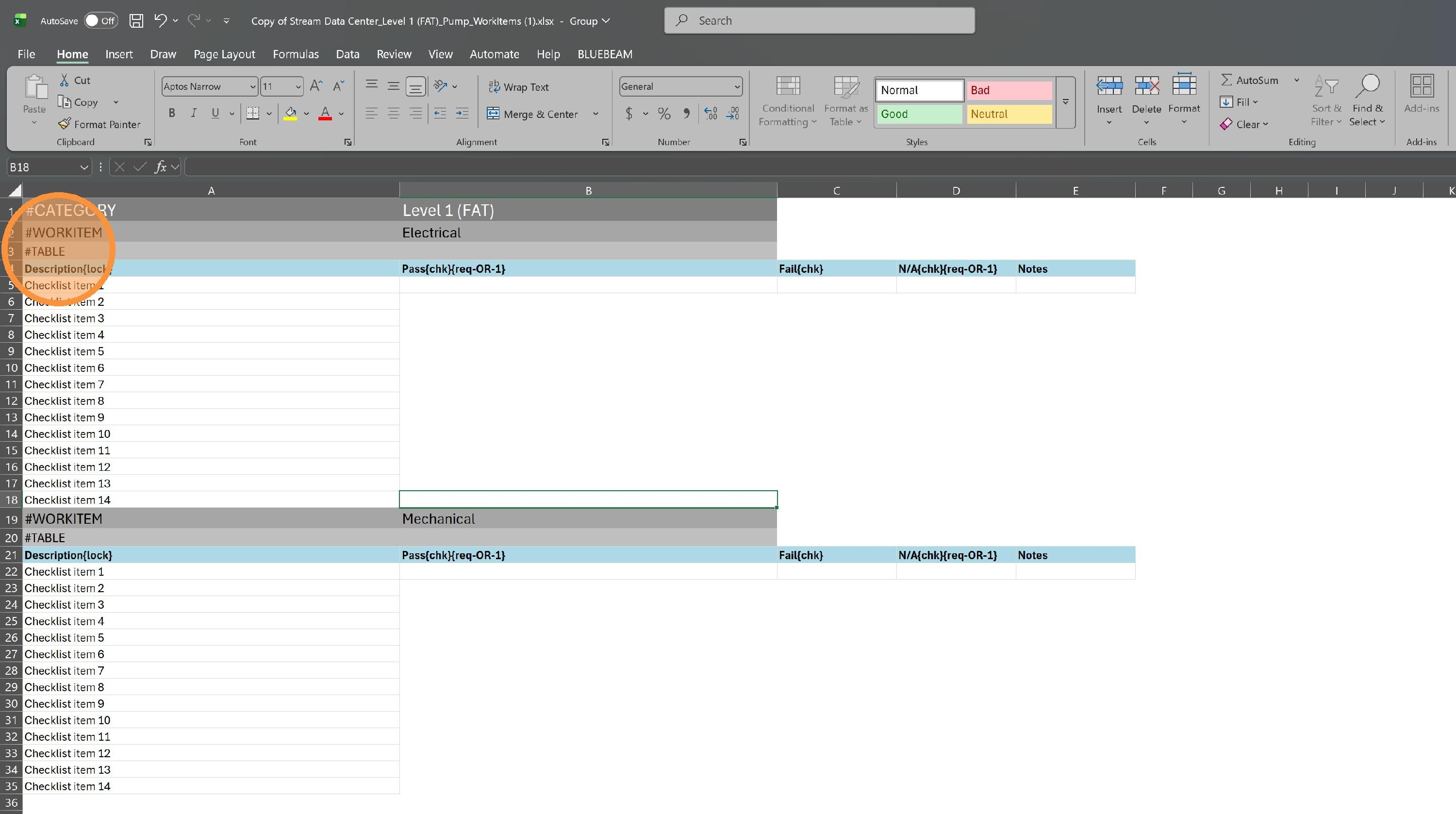 Excel file with two work item blocks: one named Electrical (rows 2-18) and one named Mechanical (rows 19-35), each with 14 items.
