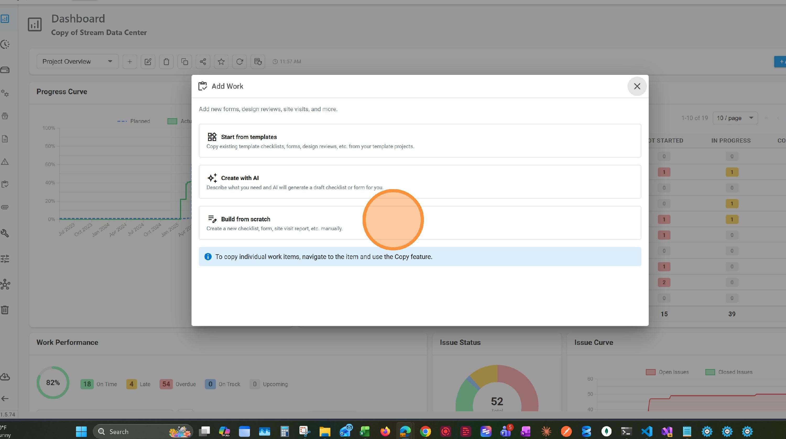 Add Work dialog with three options; Build from scratch is highlighted.
