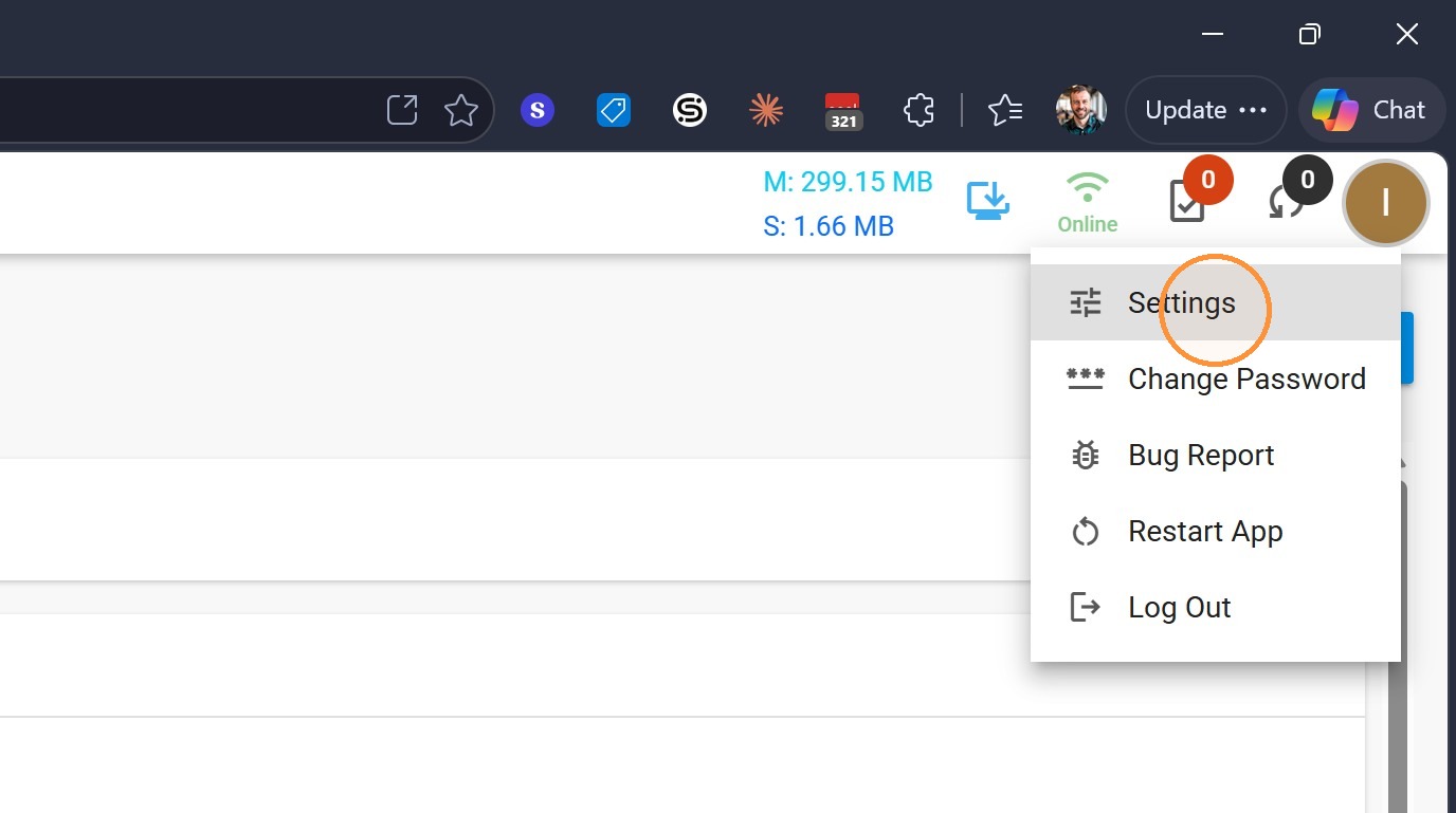 Selecting Settings from the app menu
