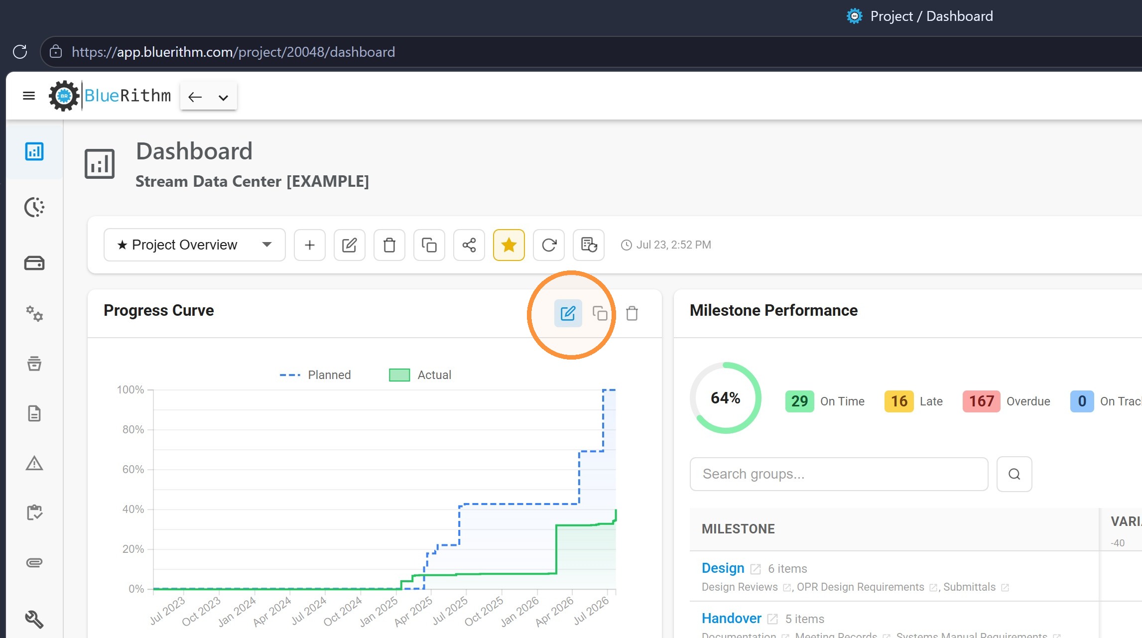 A project dashboard for a single project showing a progress curve and milestone performance