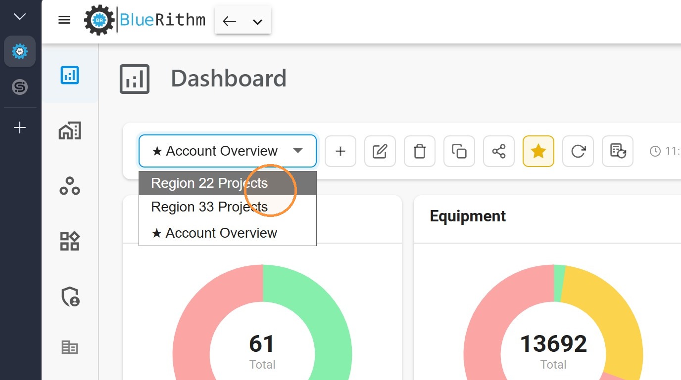 The dashboard selector dropdown listing several portfolio dashboards