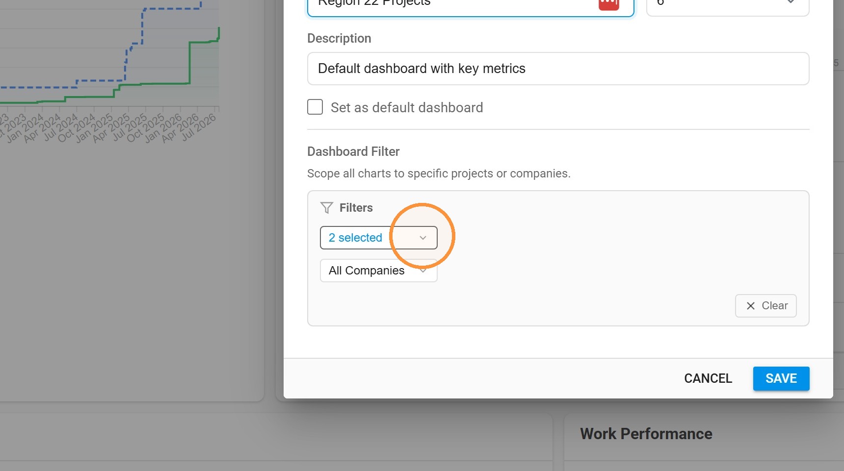 Dashboard settings dialog showing name, description, default option, and Dashboard Filter