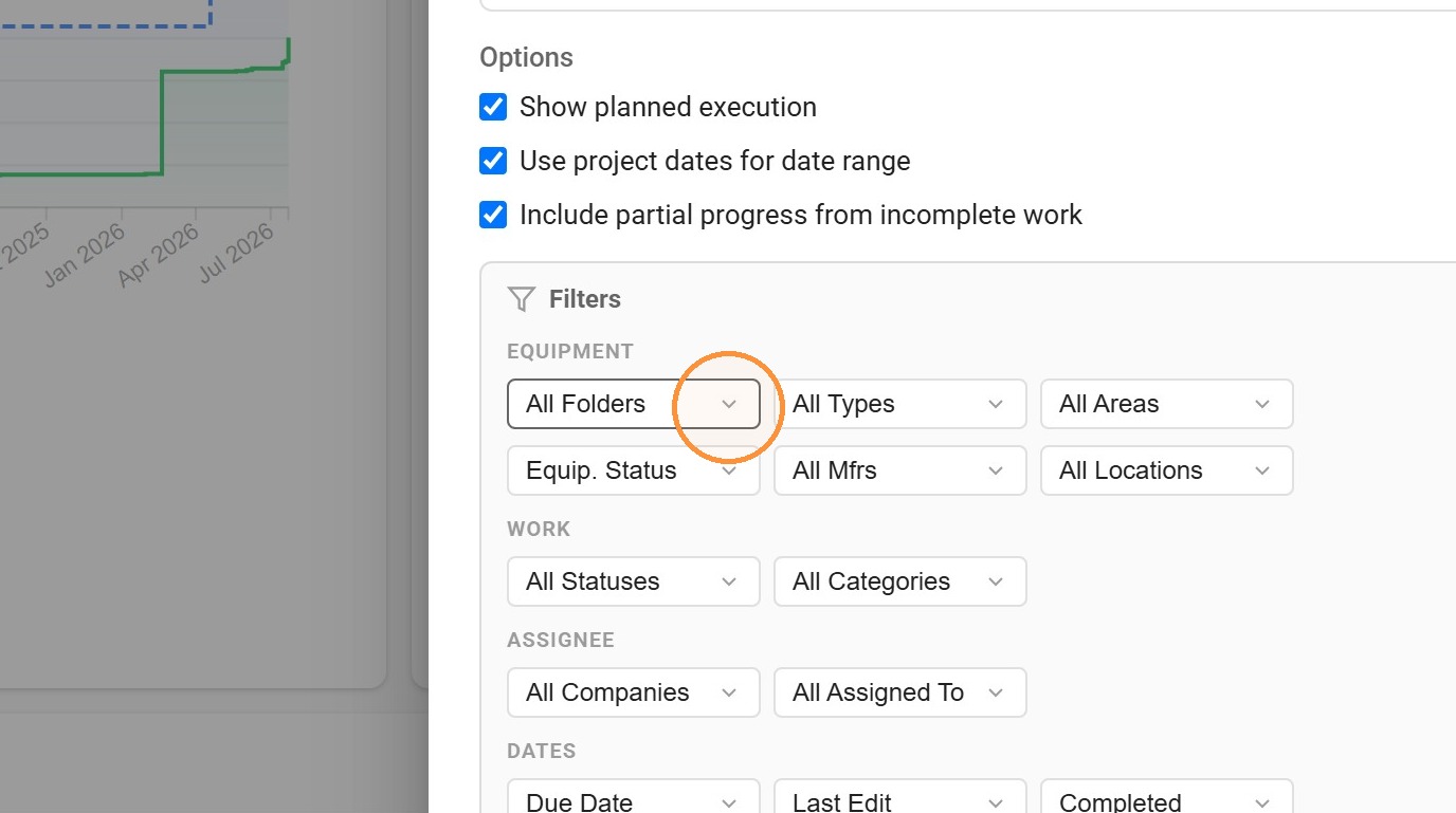 Progress Curve options and the equipment, work, assignee, and date filters