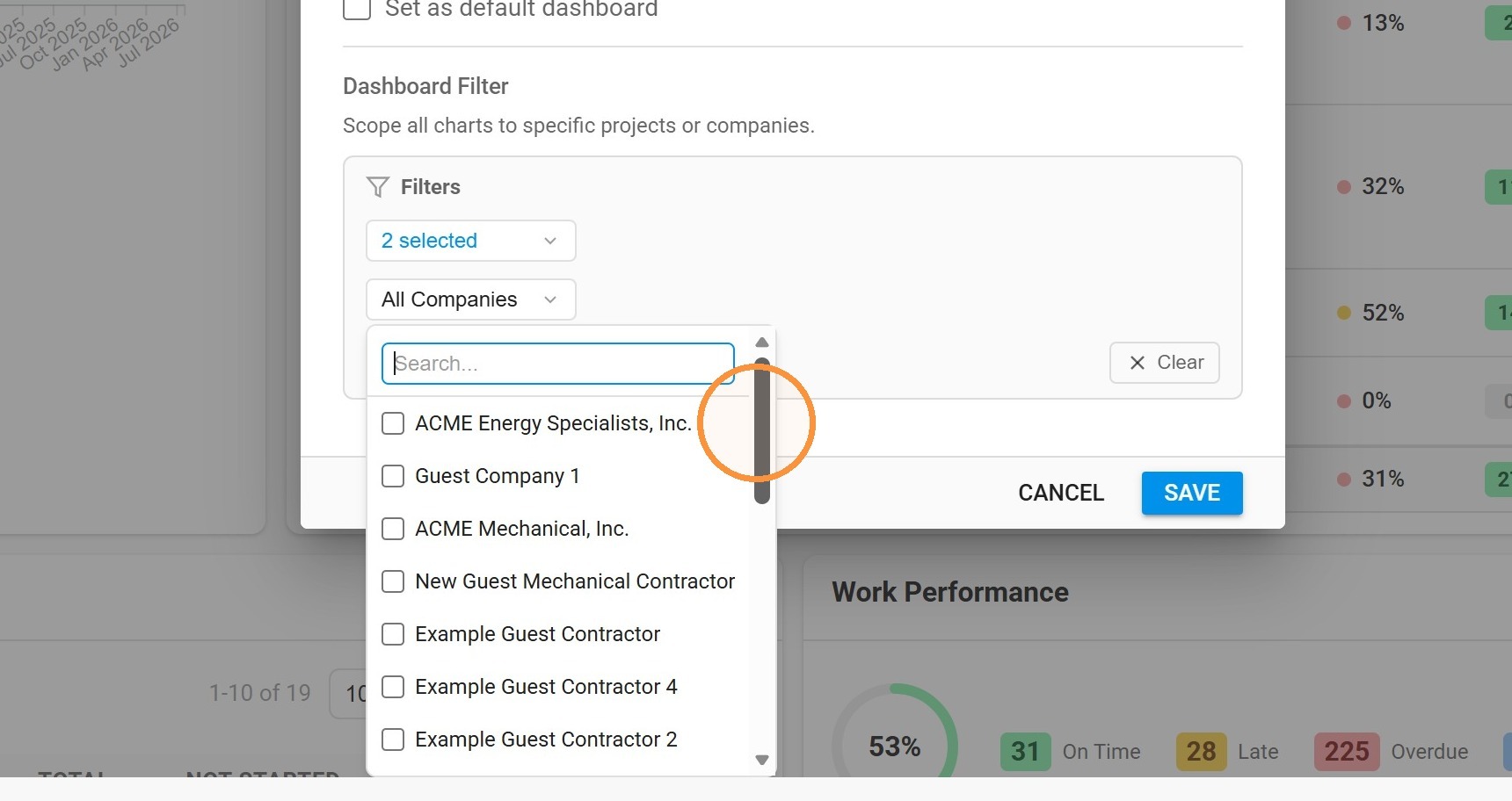 Filtering the dashboard by company