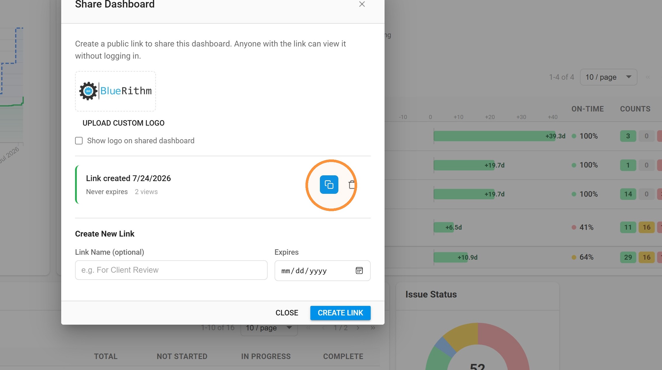 The Share Dashboard dialog showing an existing link and the Create New Link form