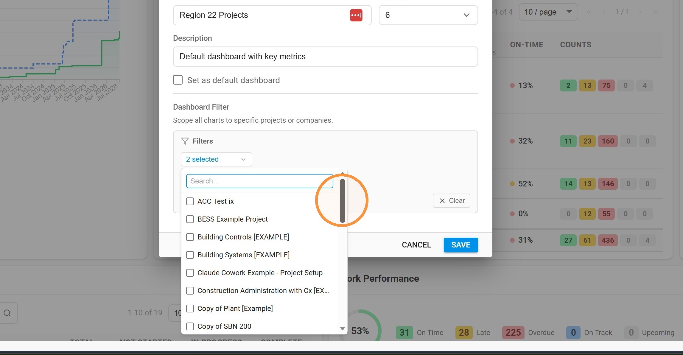 Selecting projects in the dashboard filter