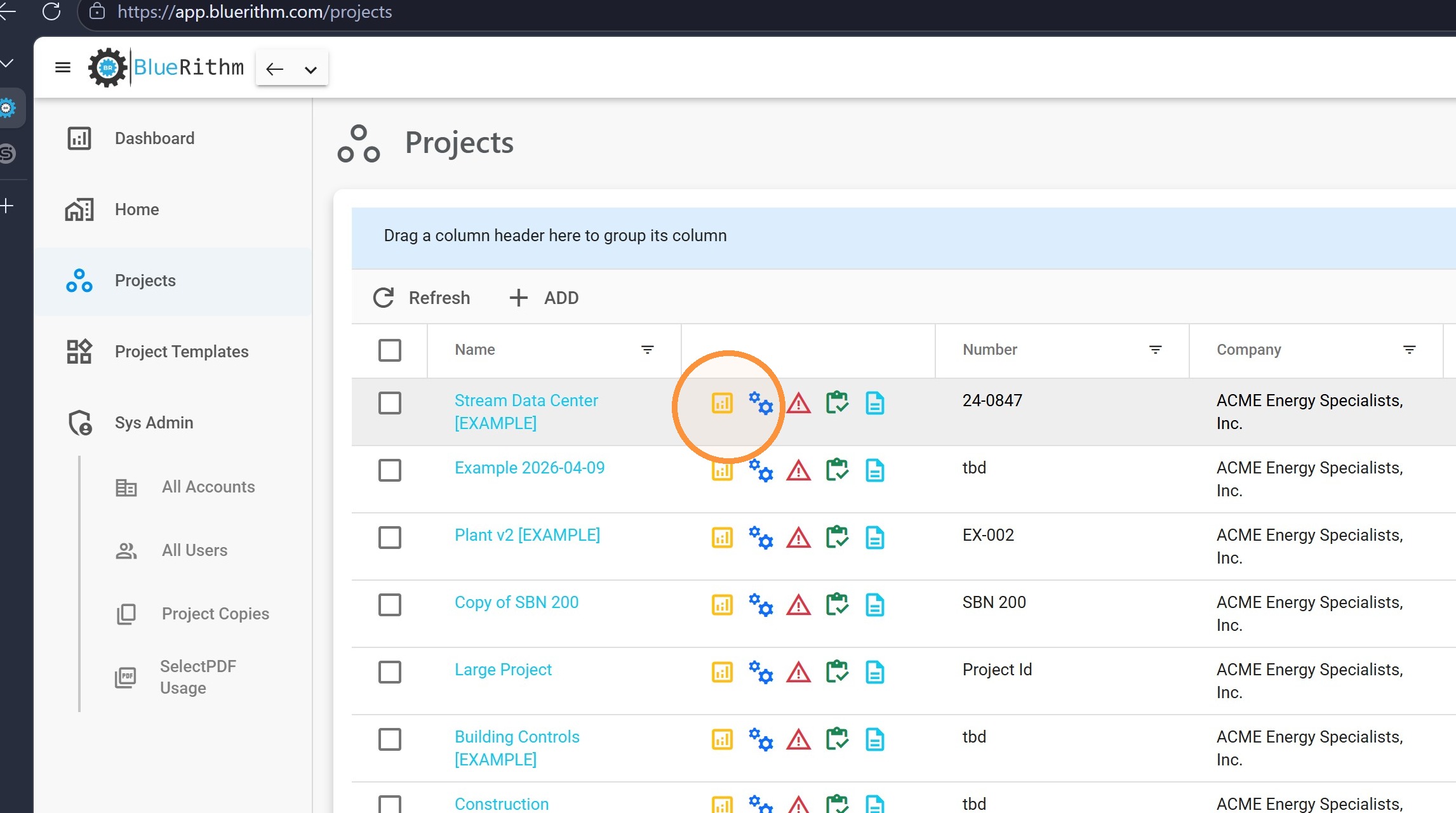 The Projects list with the dashboard icon on a project row