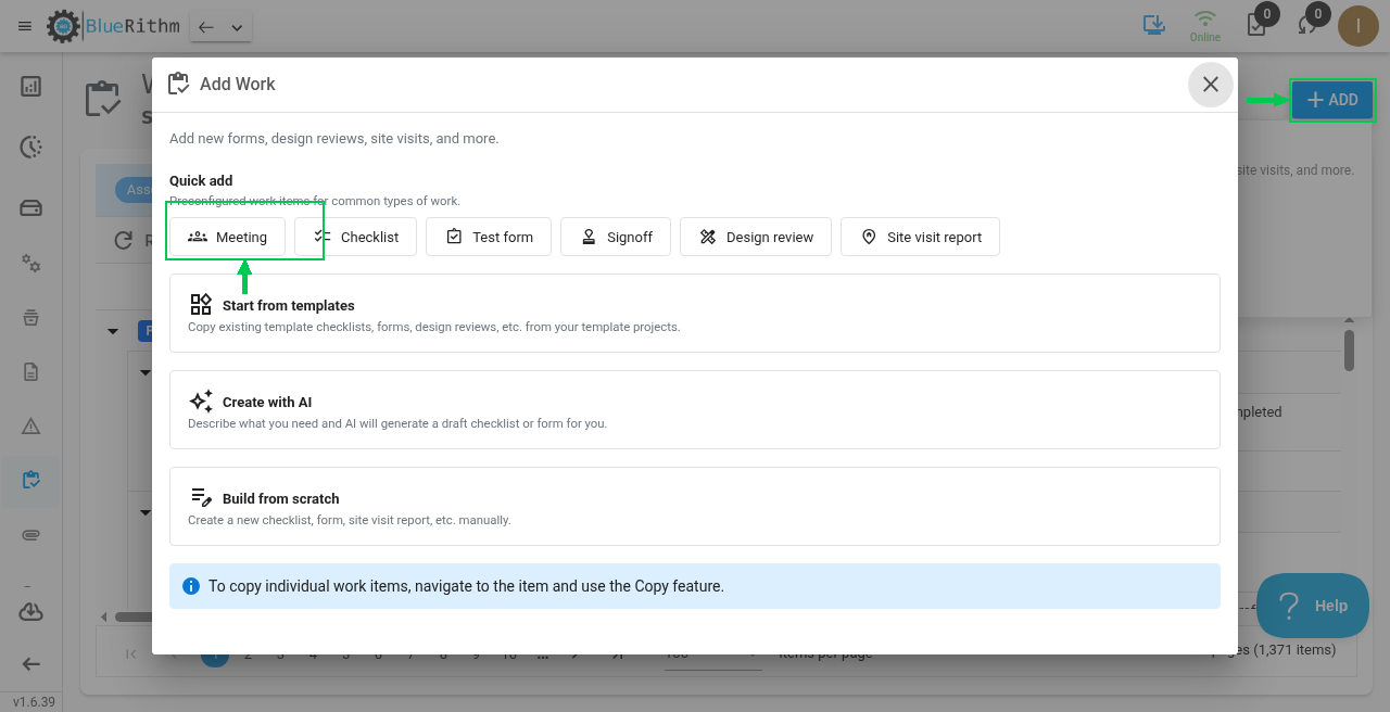 Work toolbar + ADD then Meeting under Quick add