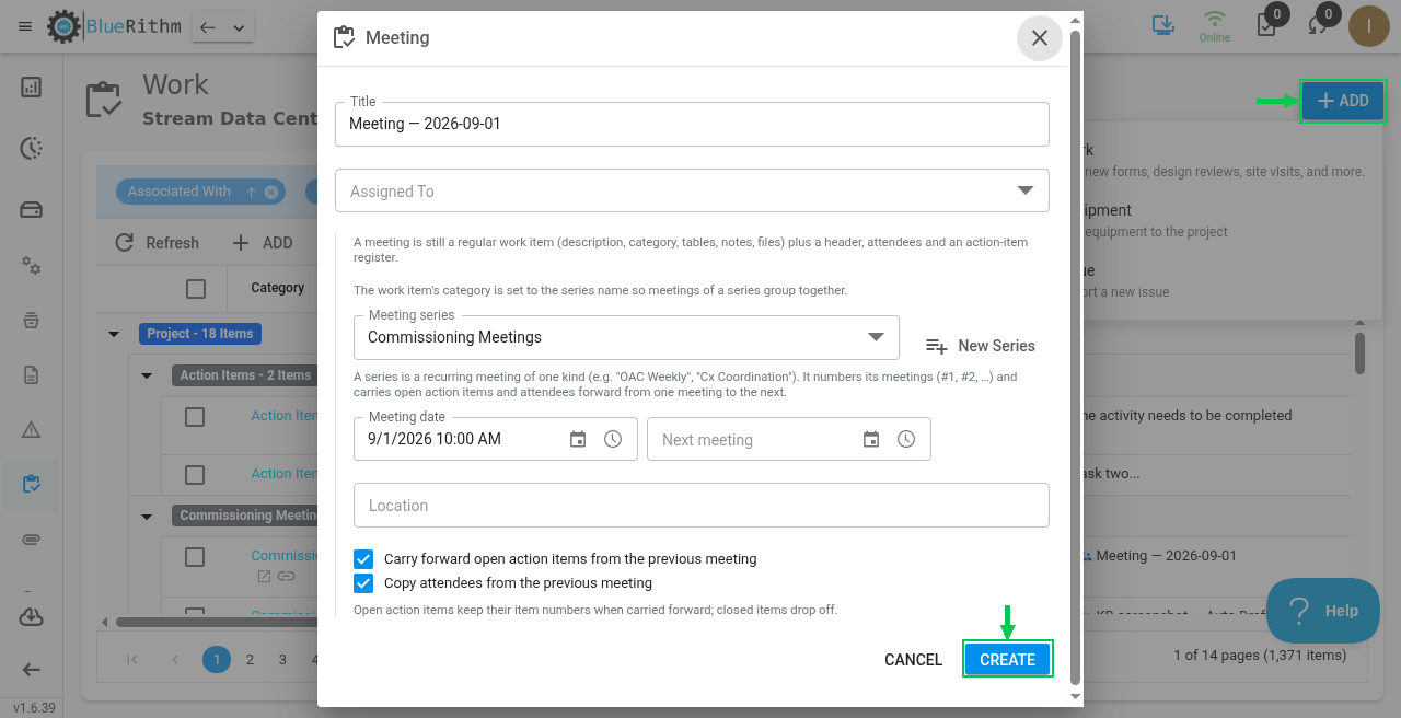 CREATE on the Meeting dialog